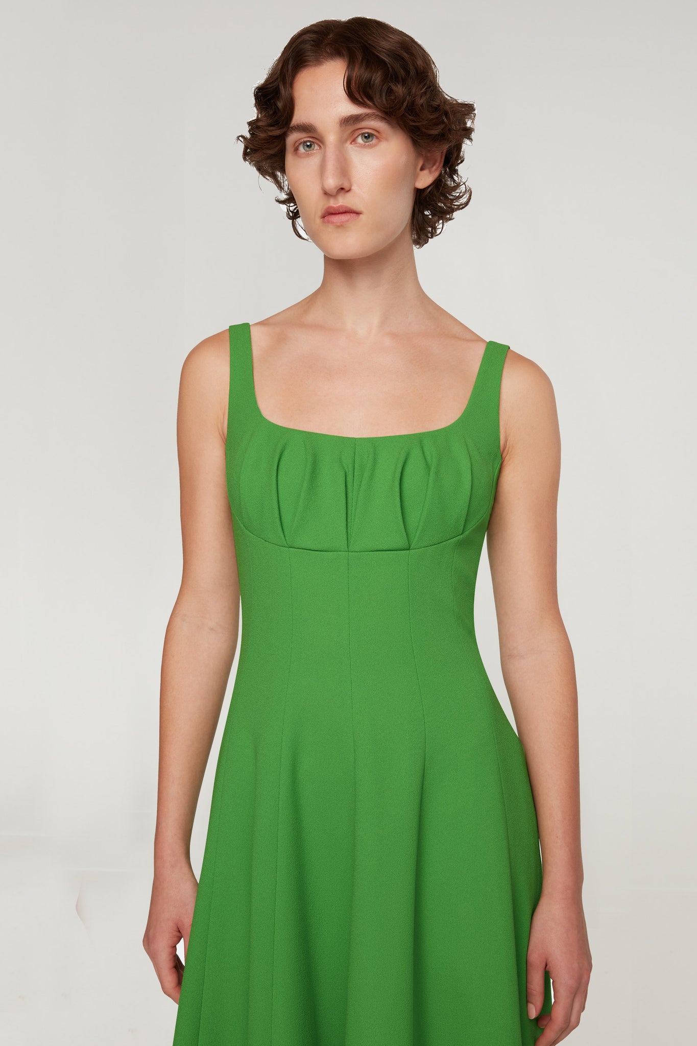 Collins Dress In Fresh Green Single Wool Crepe Model full front shot | Emilia Wickstead