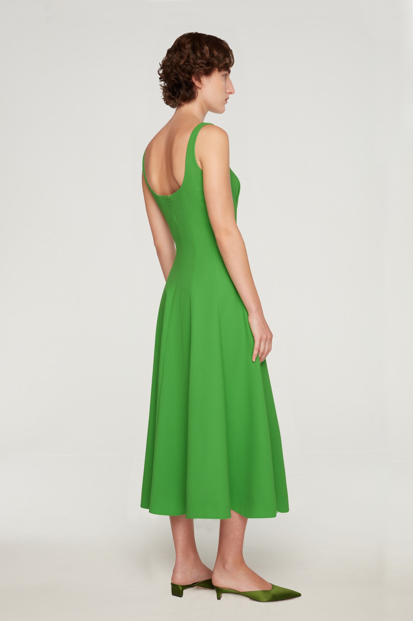Collins Dress In Fresh Green Single Wool Crepe Model back shot | Emilia Wickstead