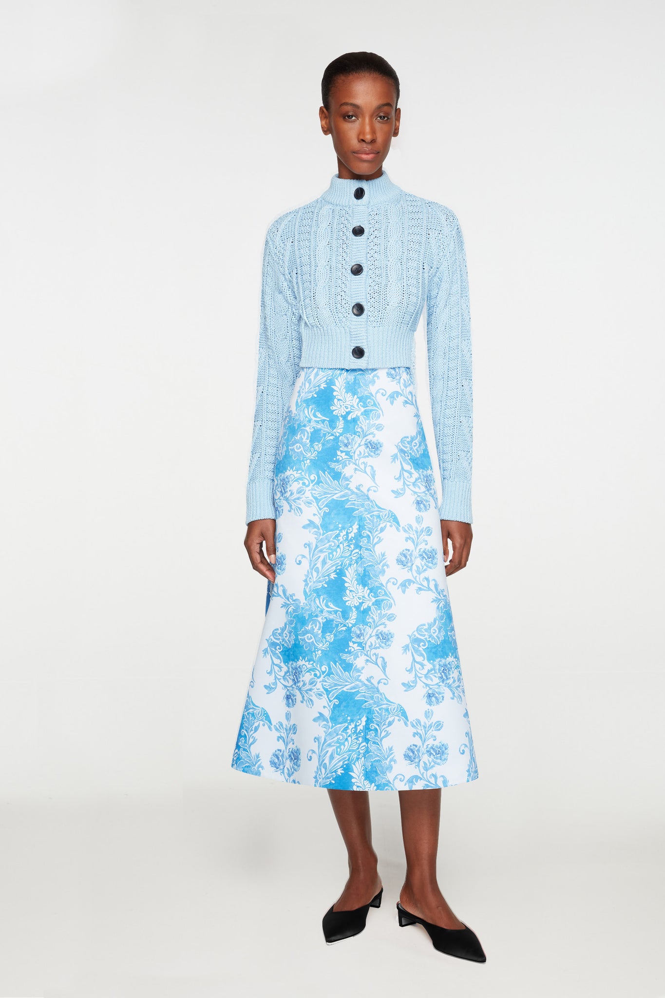 Hallie Skirt In Blue Floral Damask Taffeta Faille