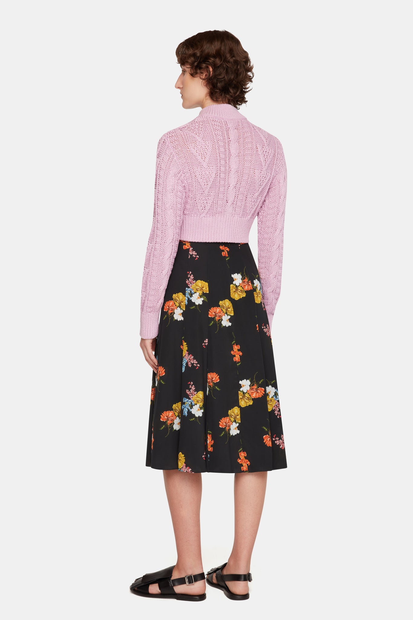 Kenzie Skirt In Retro Bouquet On Black Silk Crepe De Chine