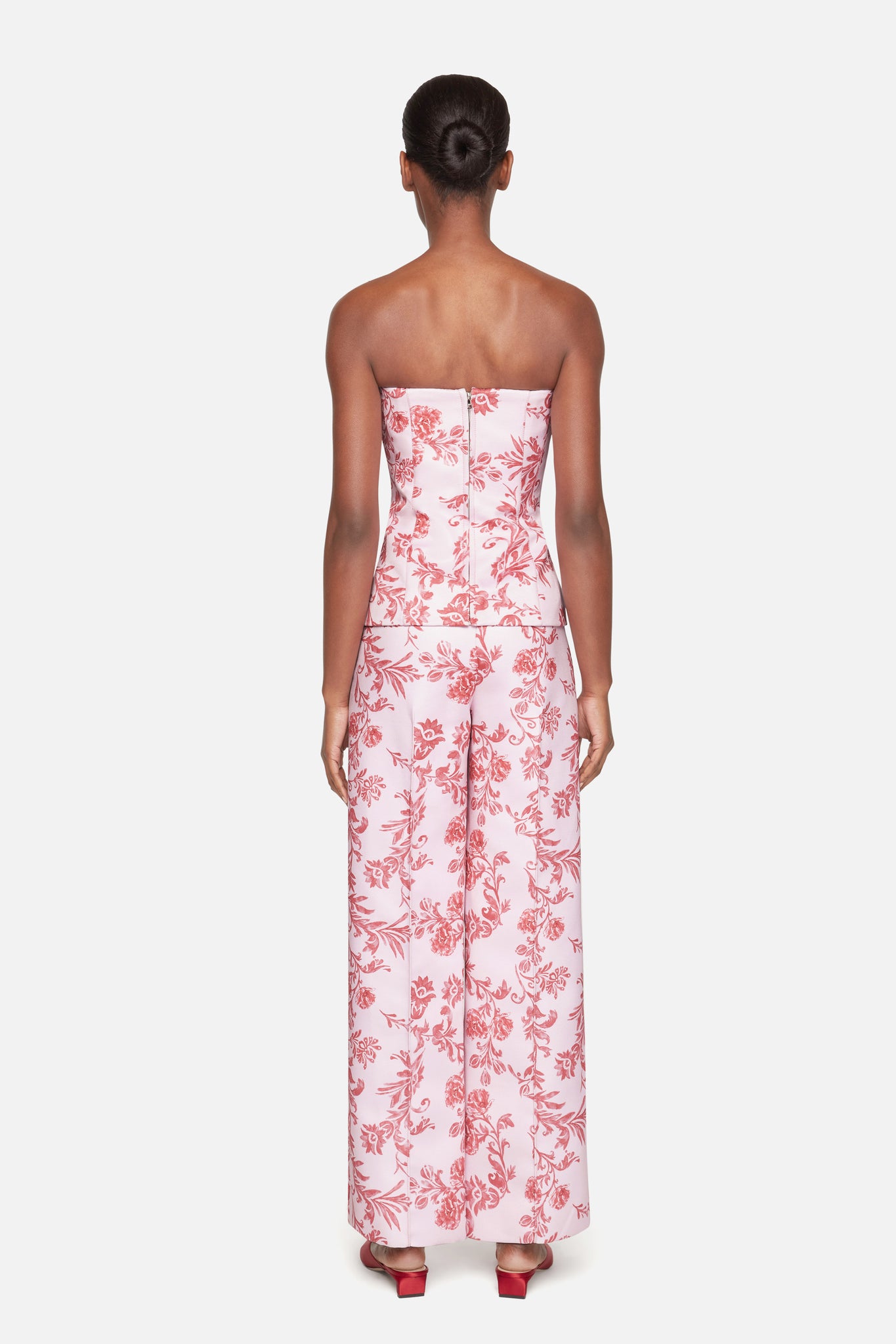 Daffy Trousers In Pink Floral Damask Taffeta Faille model full length | Emilia Wickstead