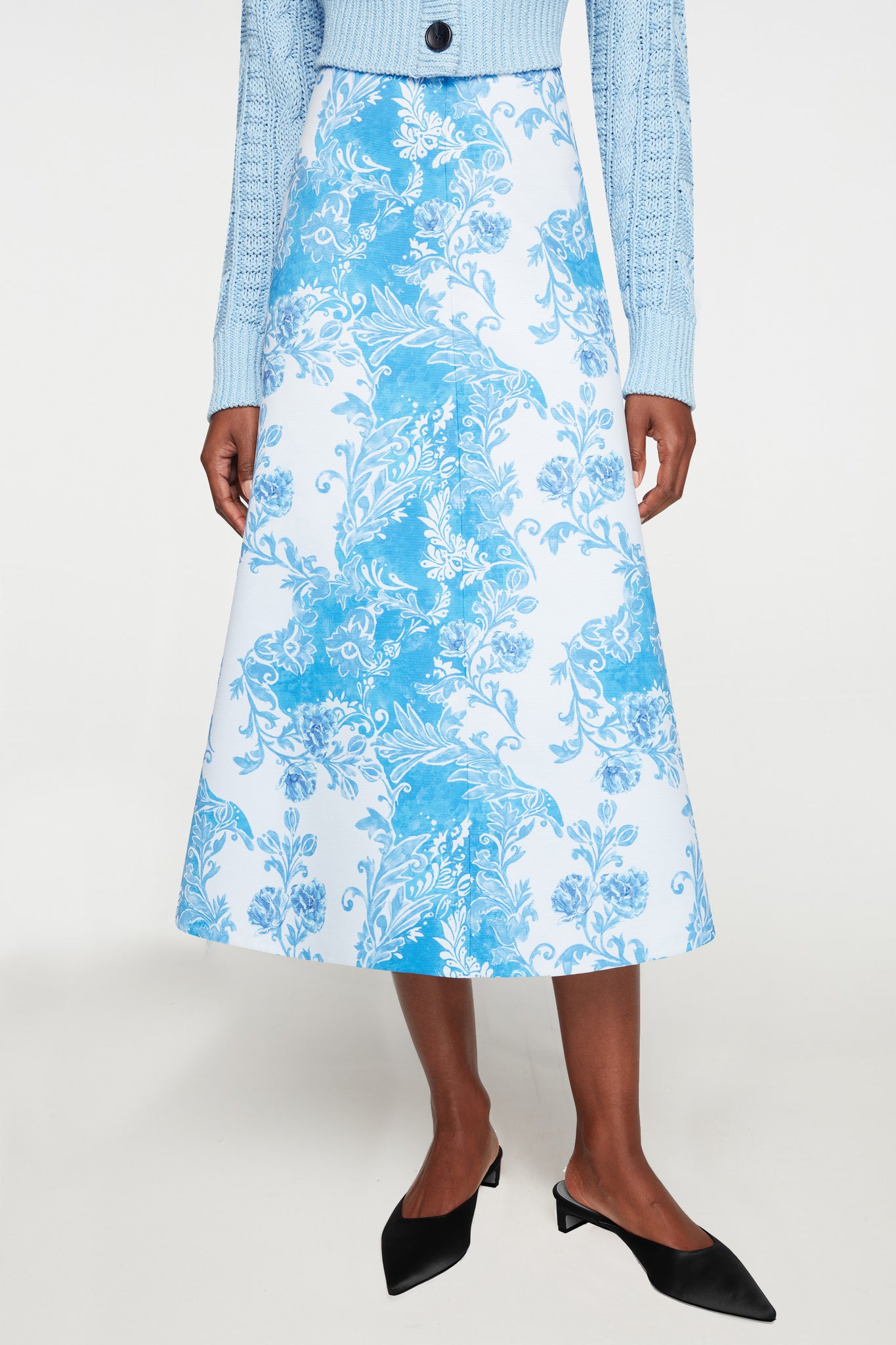 Hallie Skirt In Blue Floral Damask Taffeta Faille