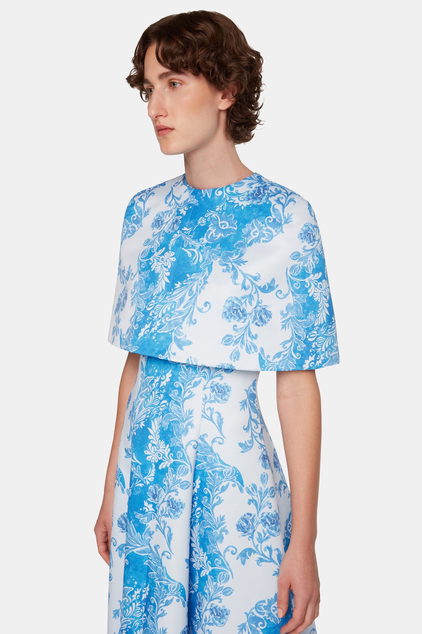 Virginie Cape In Blue Floral Damask Taffeta Faille up close shot  | Emilia Wickstead