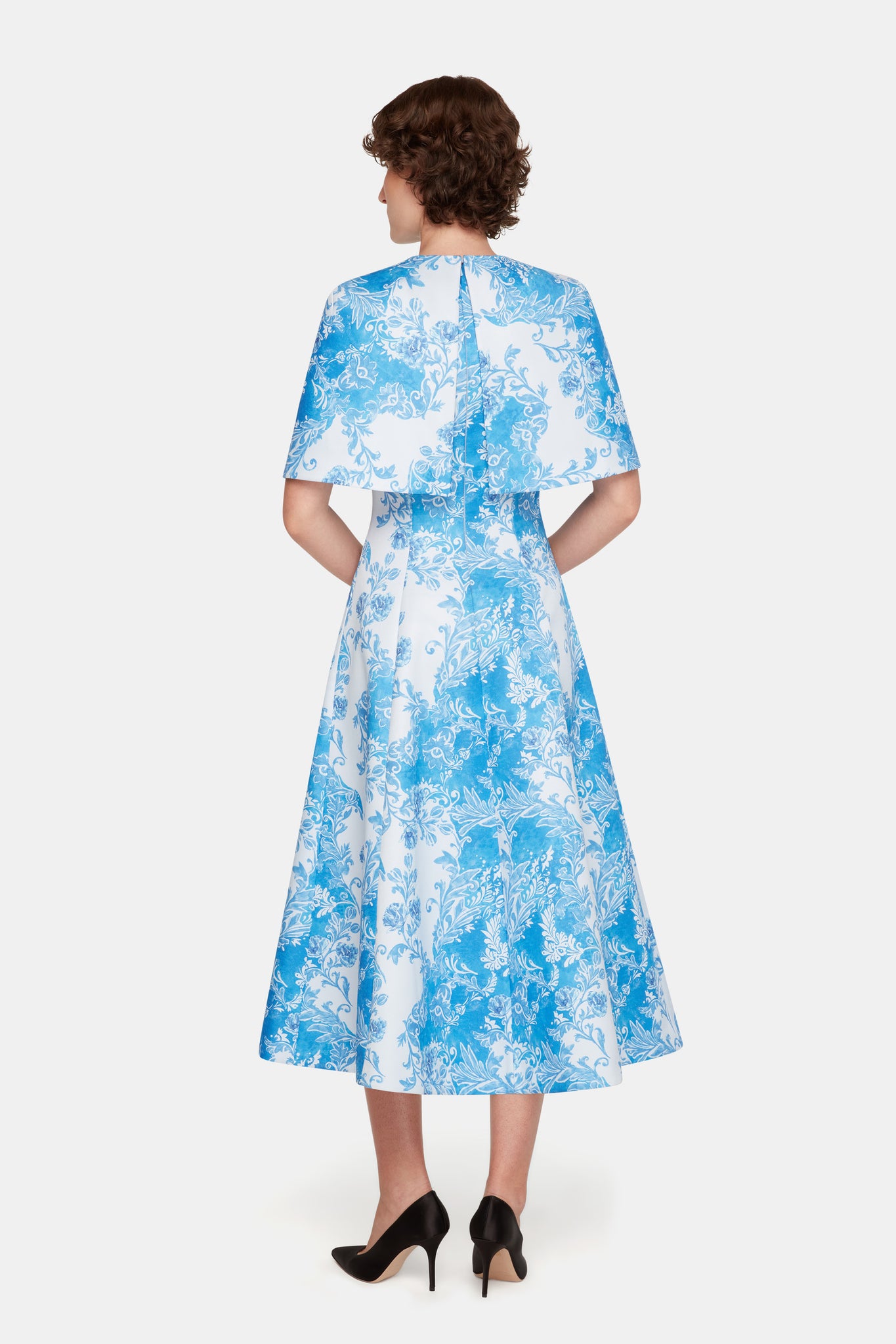 Virginie Cape In Blue Floral Damask Taffeta Faille full length back shot | Emilia Wickstead