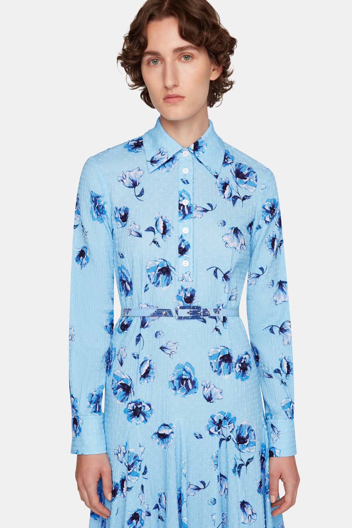 Marion Dress In Blue Poppies On Baby Blue Bibione Cotton full front shot| Emilia Wickstead