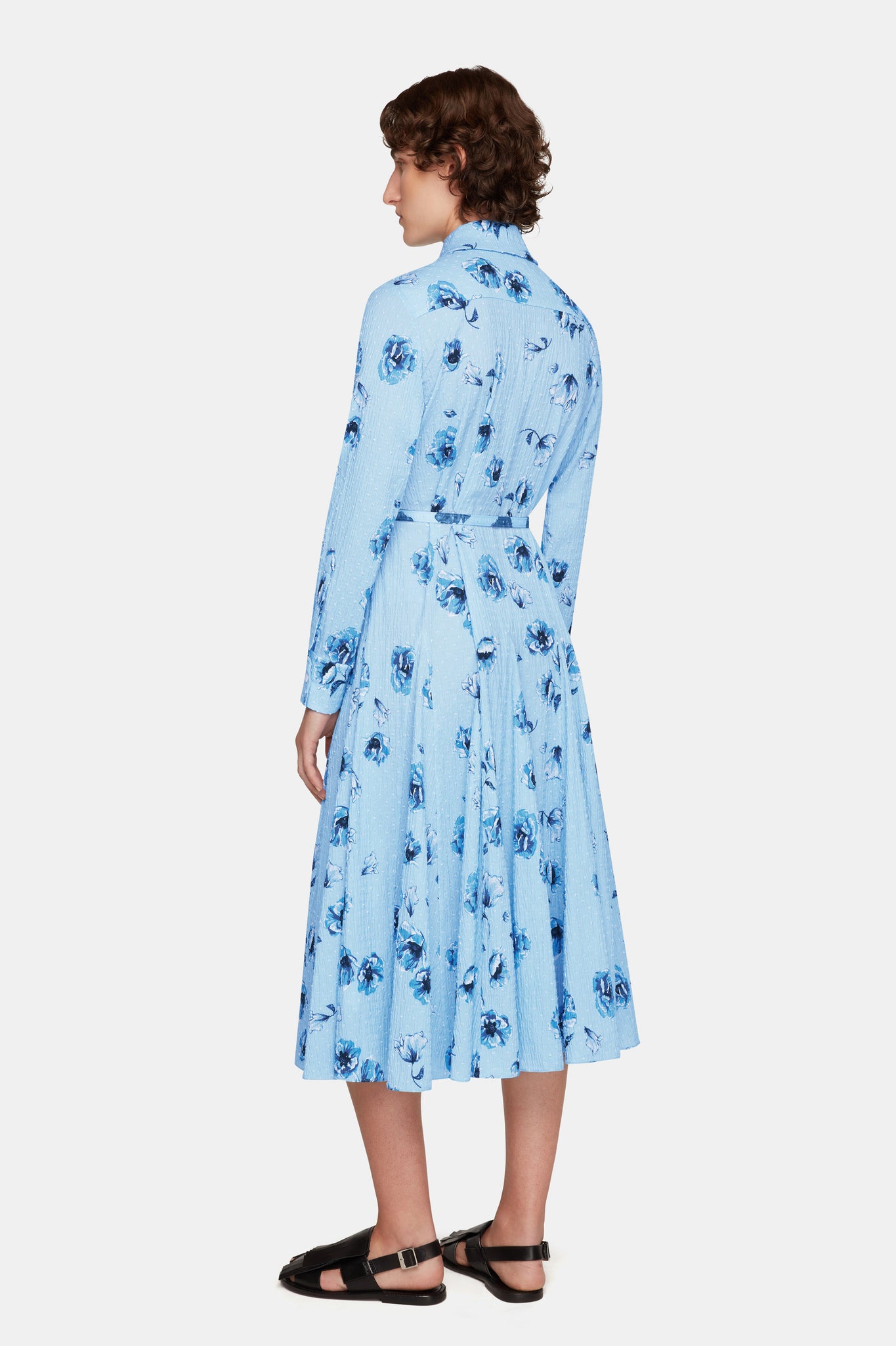 Marion Dress In Blue Poppies On Baby Blue Bibione Cotton back shot| Emilia Wickstead