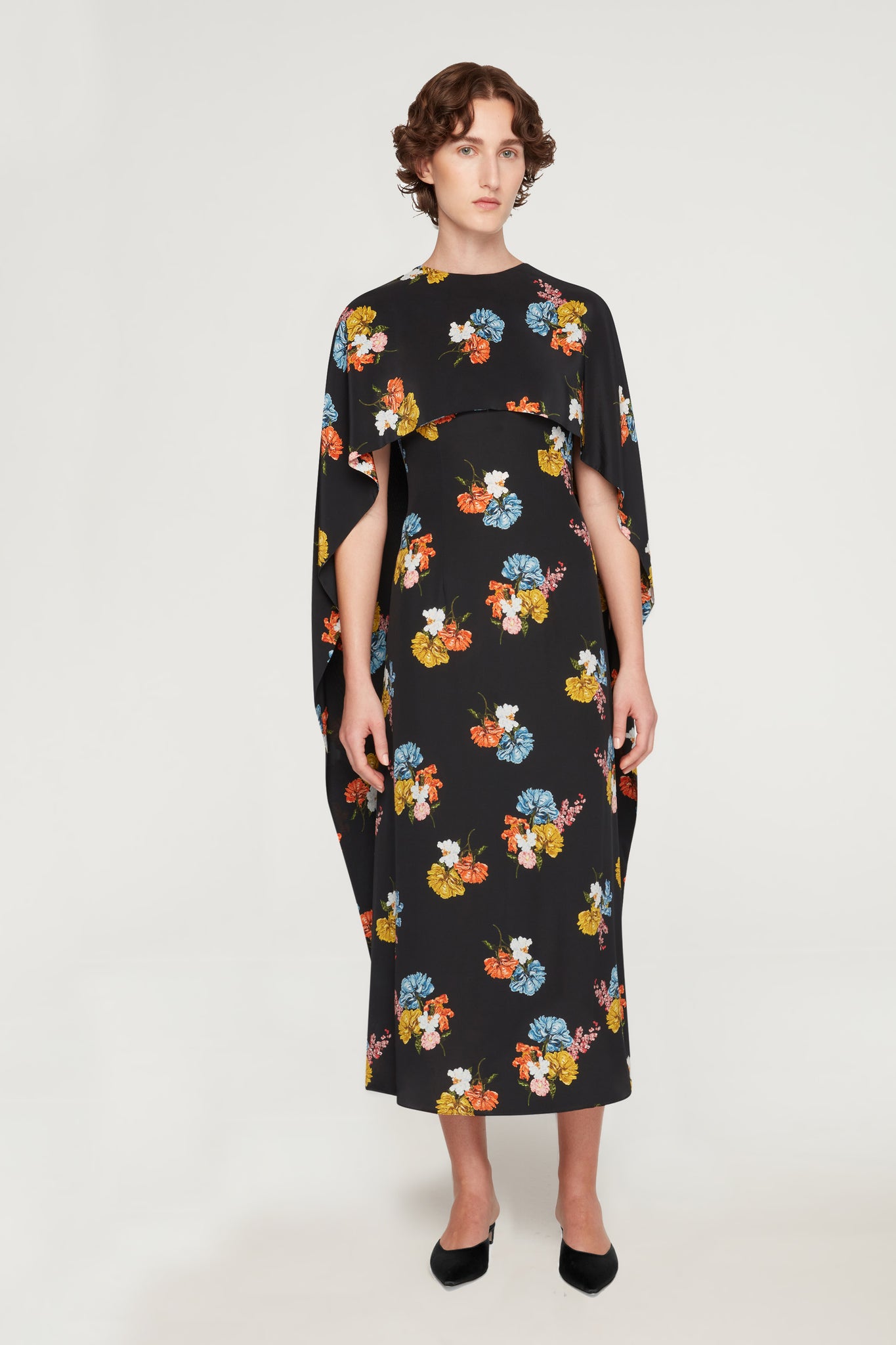 Alphonse Dress In Retro Bouquet On Black Silk Crepe De Chine