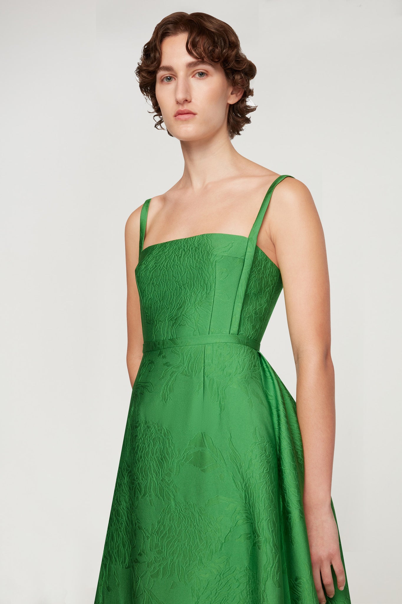 Mathilde Dress In Green Embossed Cloque up close front shot  | Emilia Wickstead