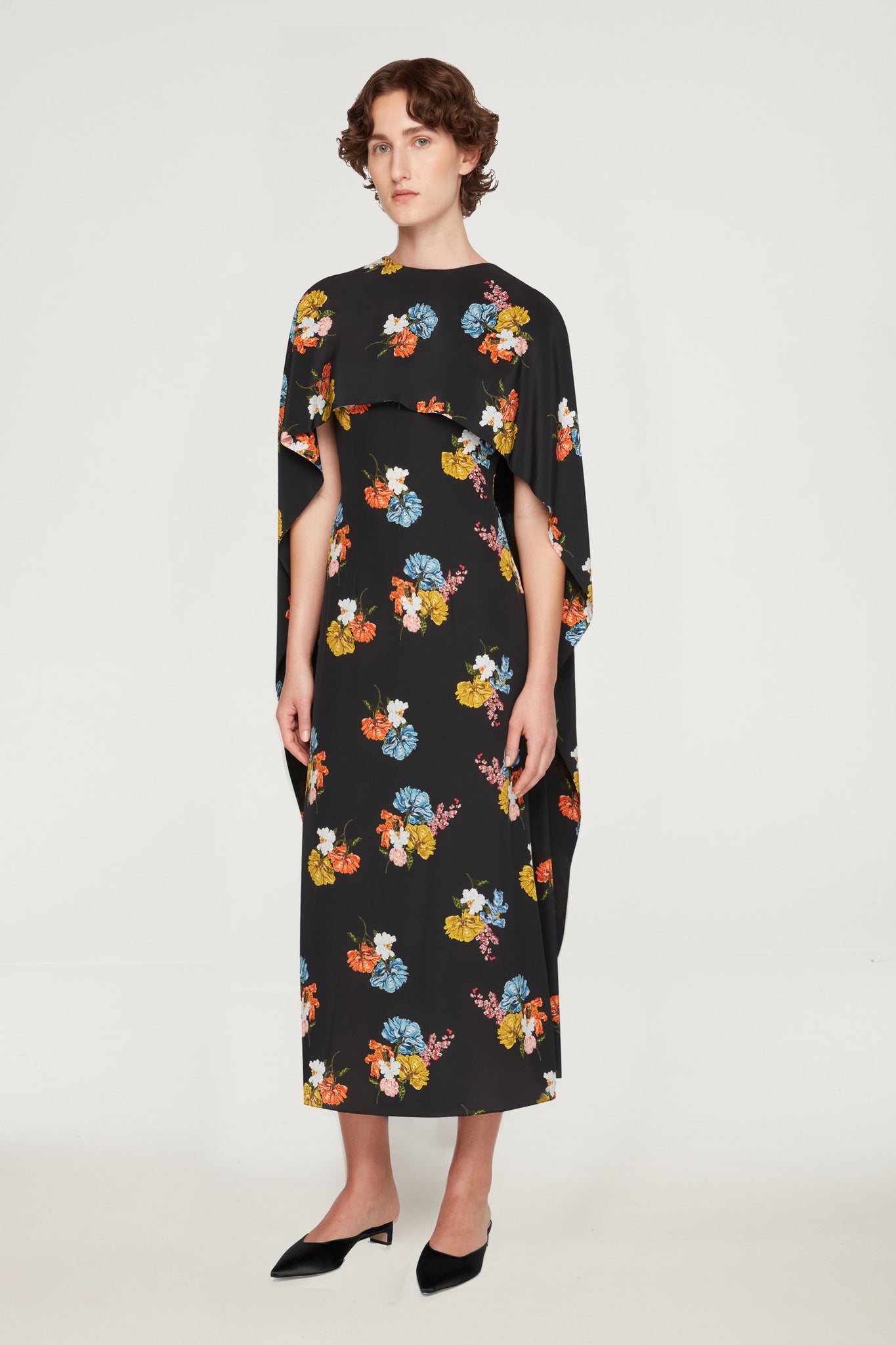 Alphonse Dress In Retro Bouquet On Black Silk Crepe De Chine