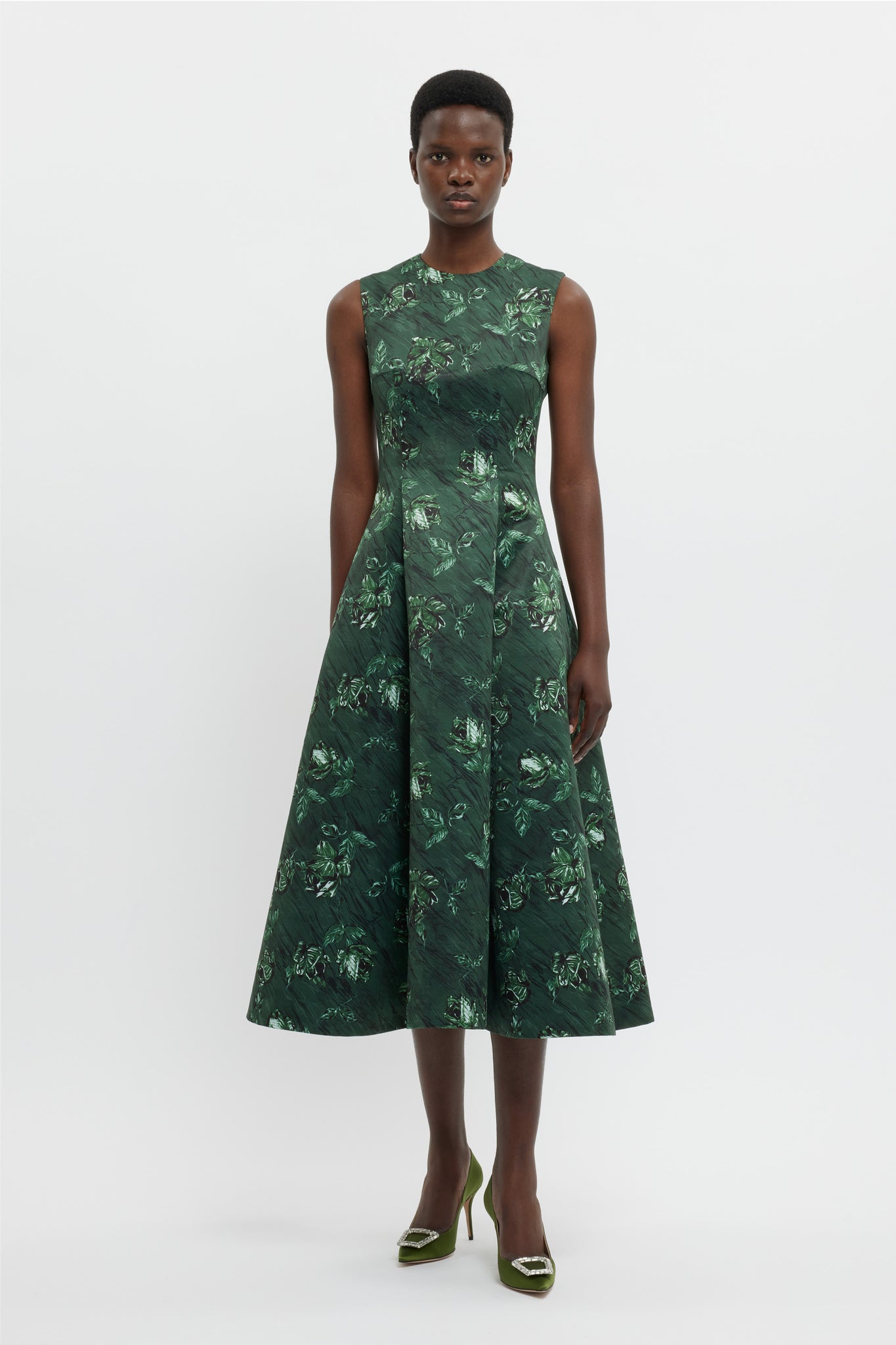 Mara Dress In Green Roses On Marble Print Taffeta Faille