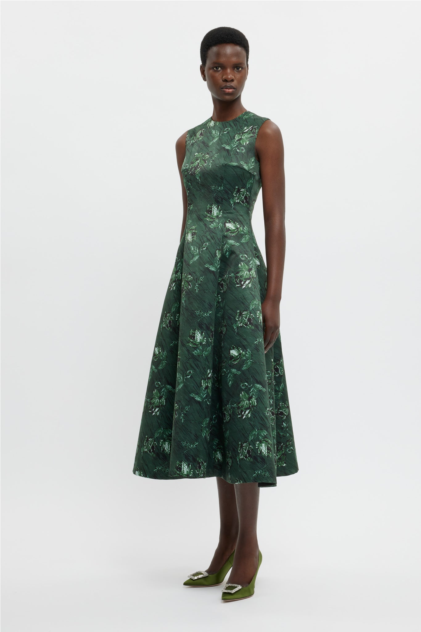 Mara Dress In Green Roses On Marble Print Taffeta Faille