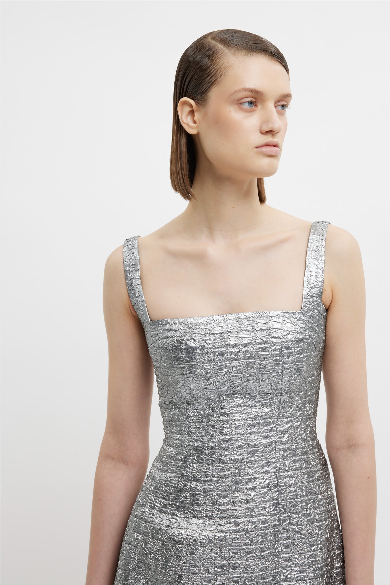 Irena Dress In Silver Metallic Seersucker