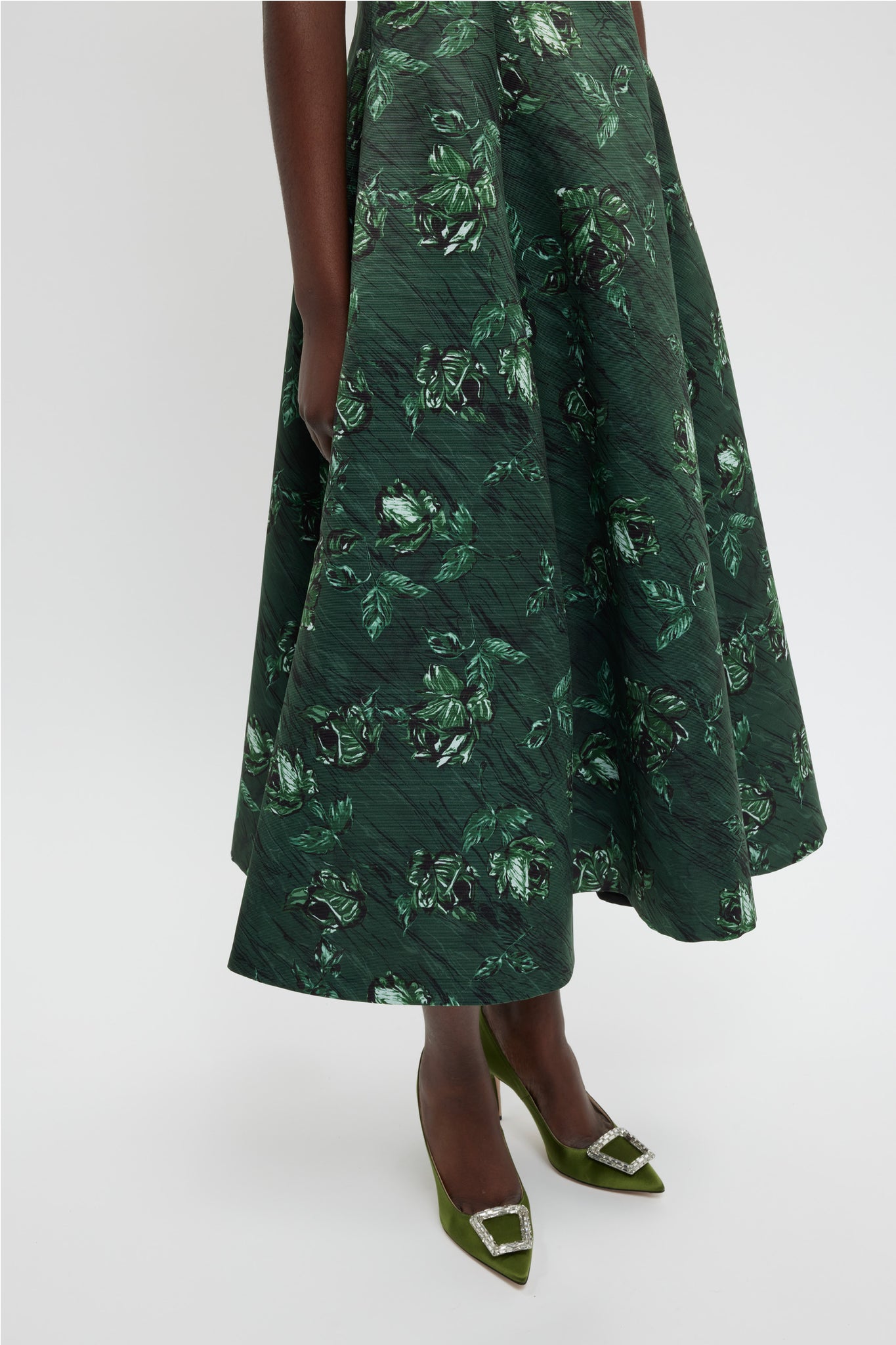 Mara Dress In Green Roses On Marble Print Taffeta Faille