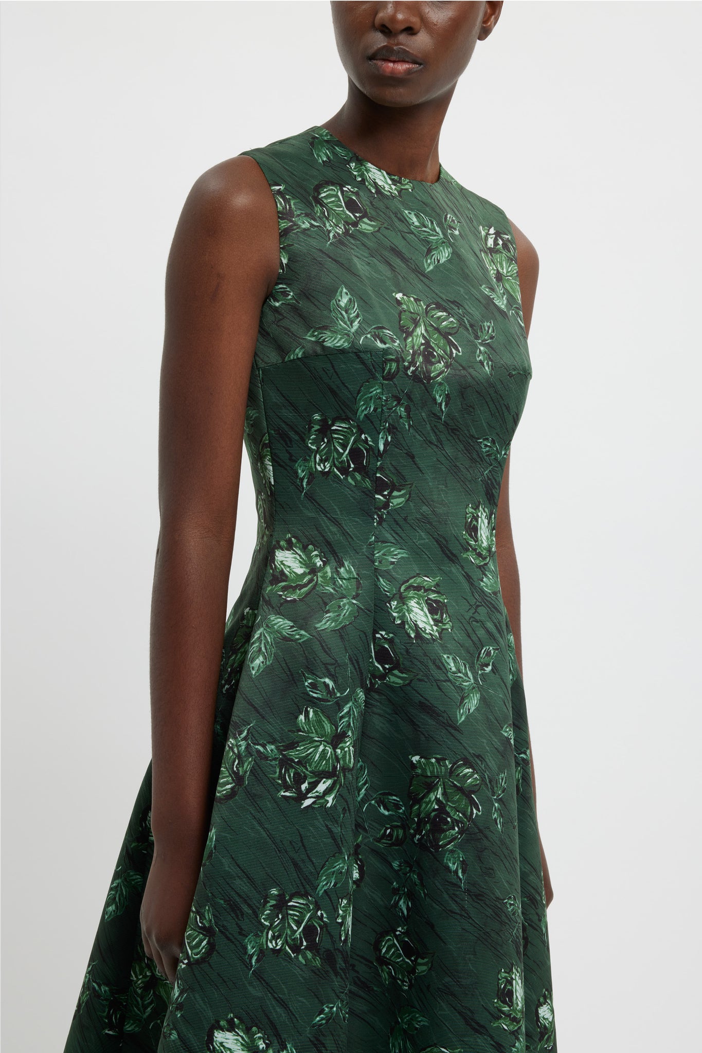 Mara Dress In Green Roses On Marble Print Taffeta Faille