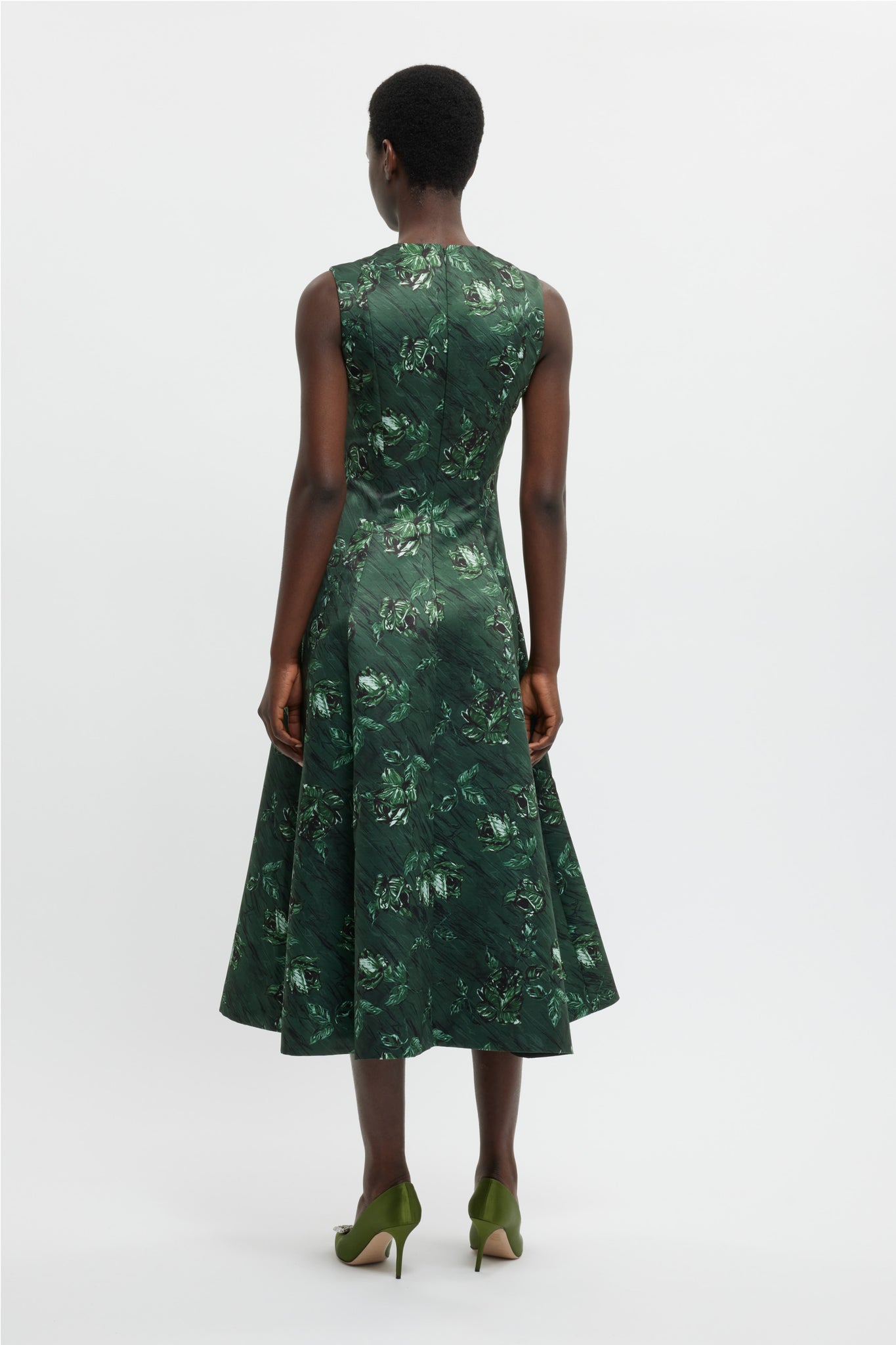 Mara Dress In Green Roses On Marble Print Taffeta Faille