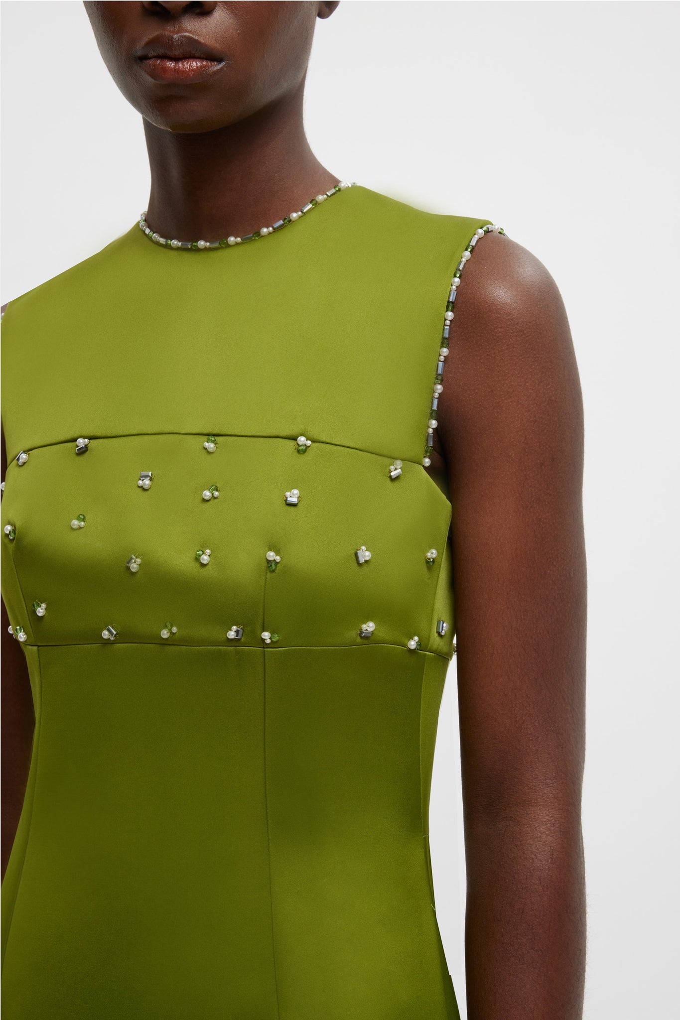 Amadine Embellished Dress In Olive Green Doppio Satin - Emilia Wickstead