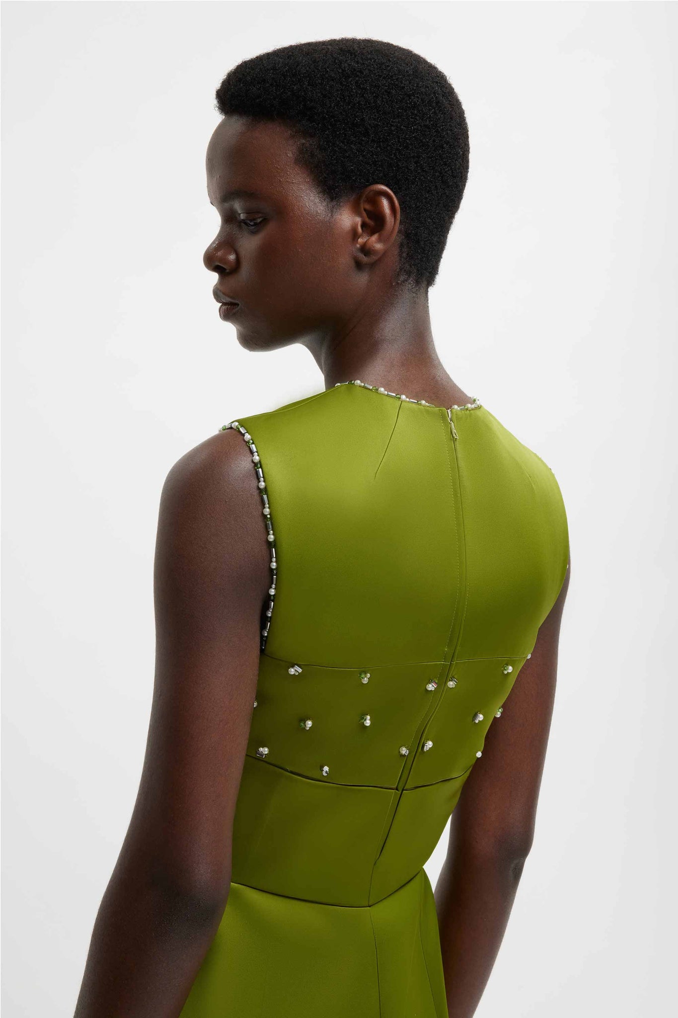 Amadine Embellished Dress In Olive Green Doppio Satin - Emilia Wickstead