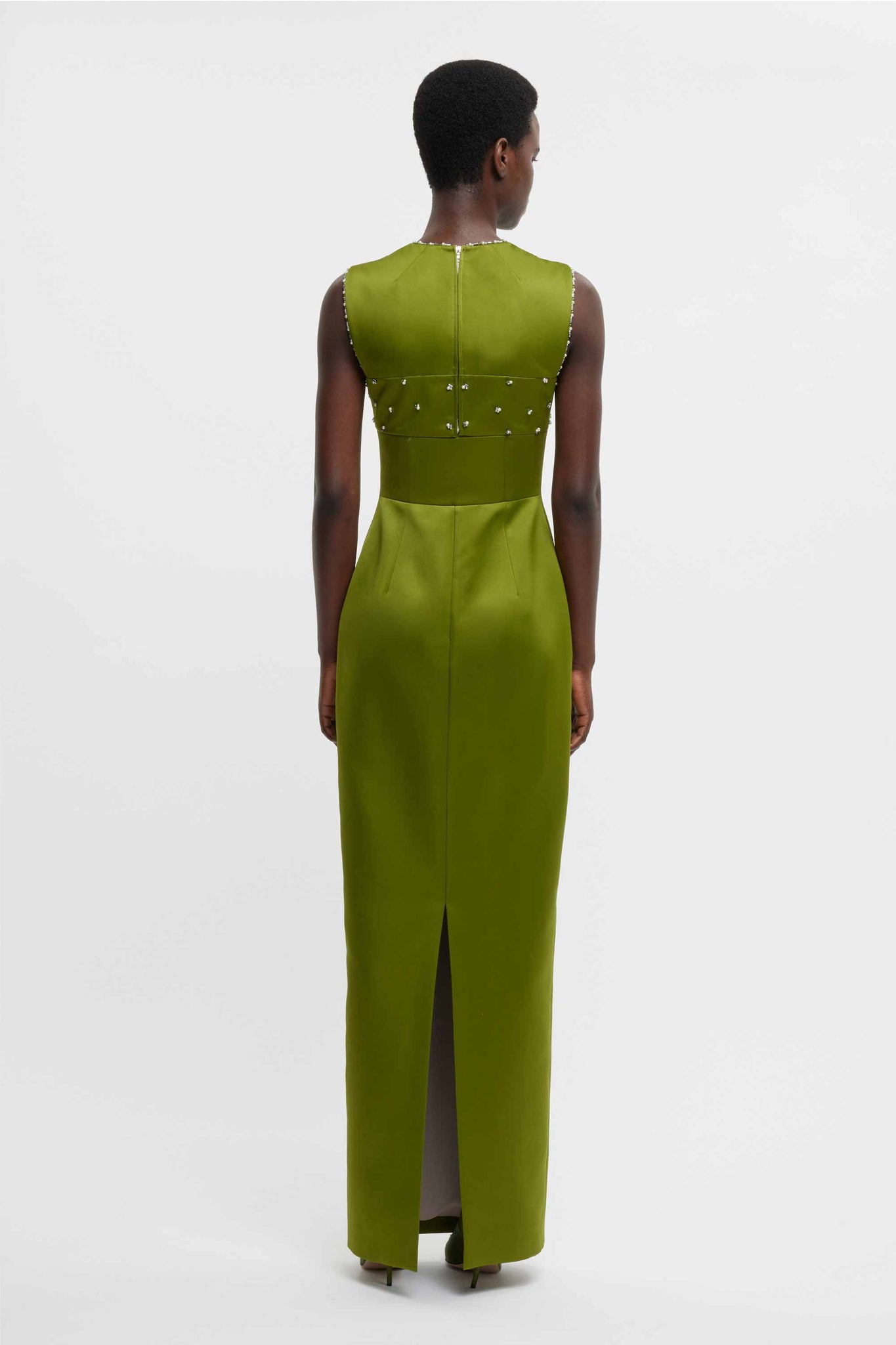 Amadine Embellished Dress In Olive Green Doppio Satin - Emilia Wickstead