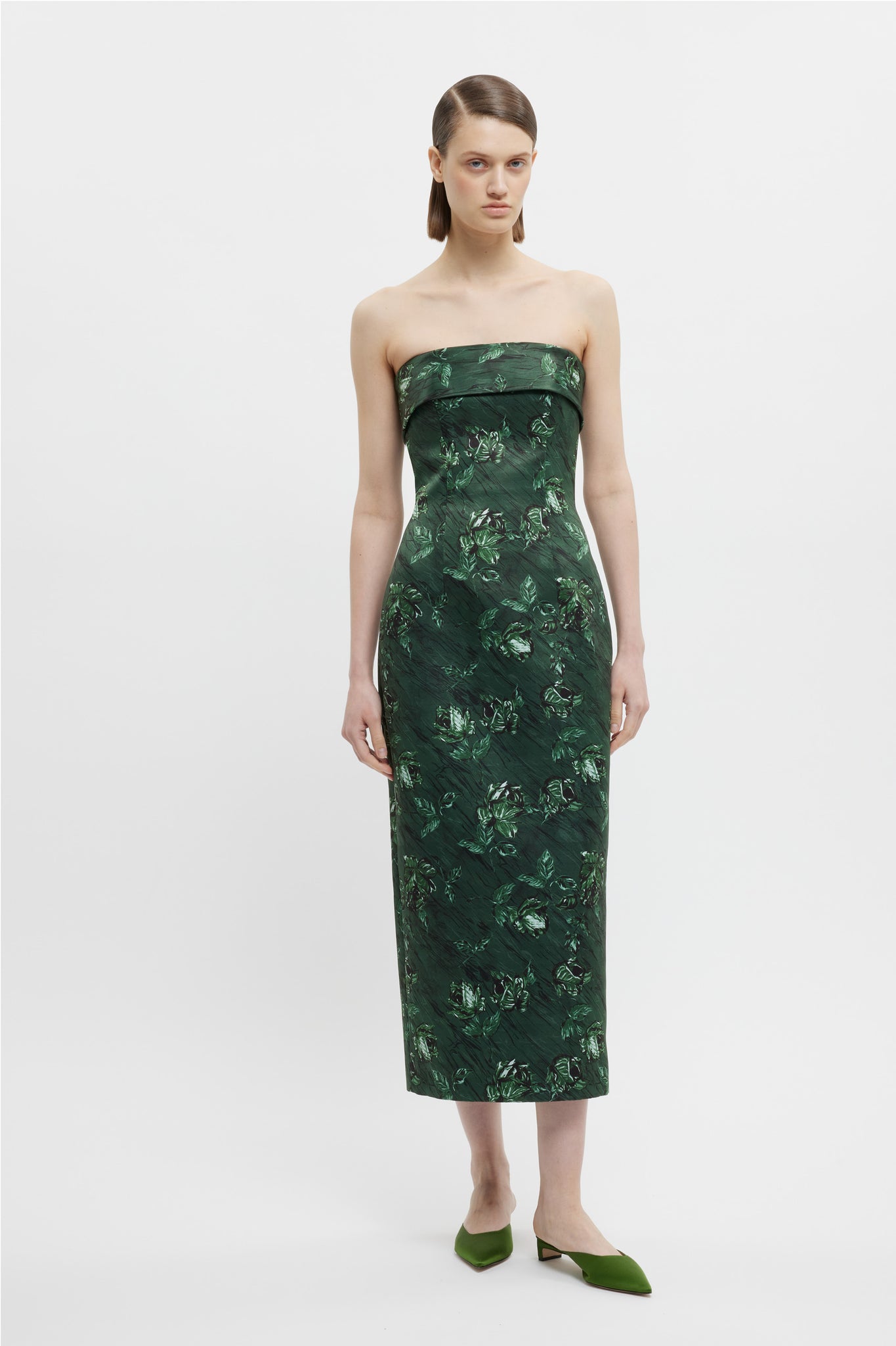 Keeley Strapless Dress In Green Roses On Marble Print Taffeta Faille - Emilia Wickstead