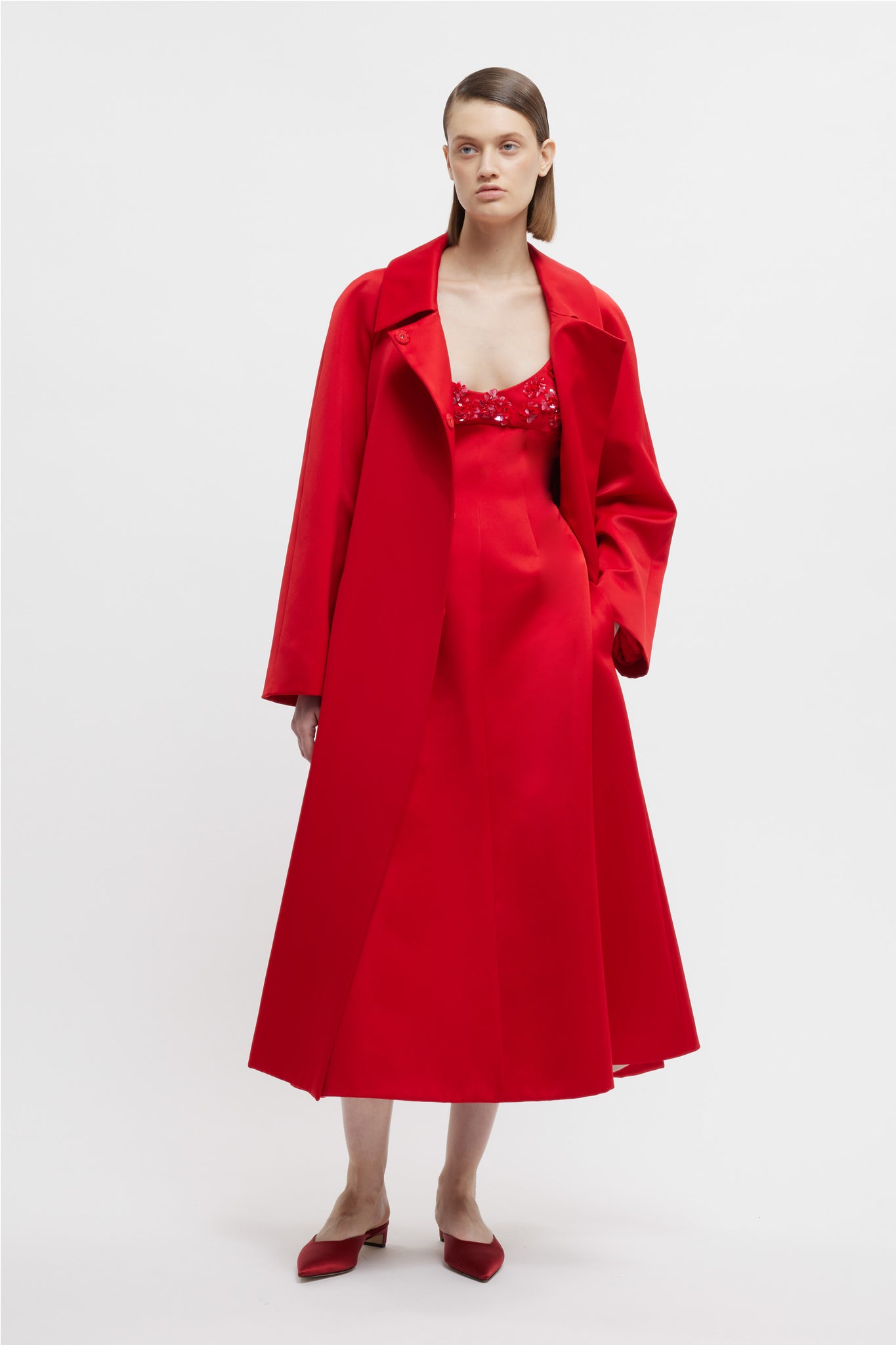 Hasina Coat In Bright Red Doppio Satin | Emilia Wickstead