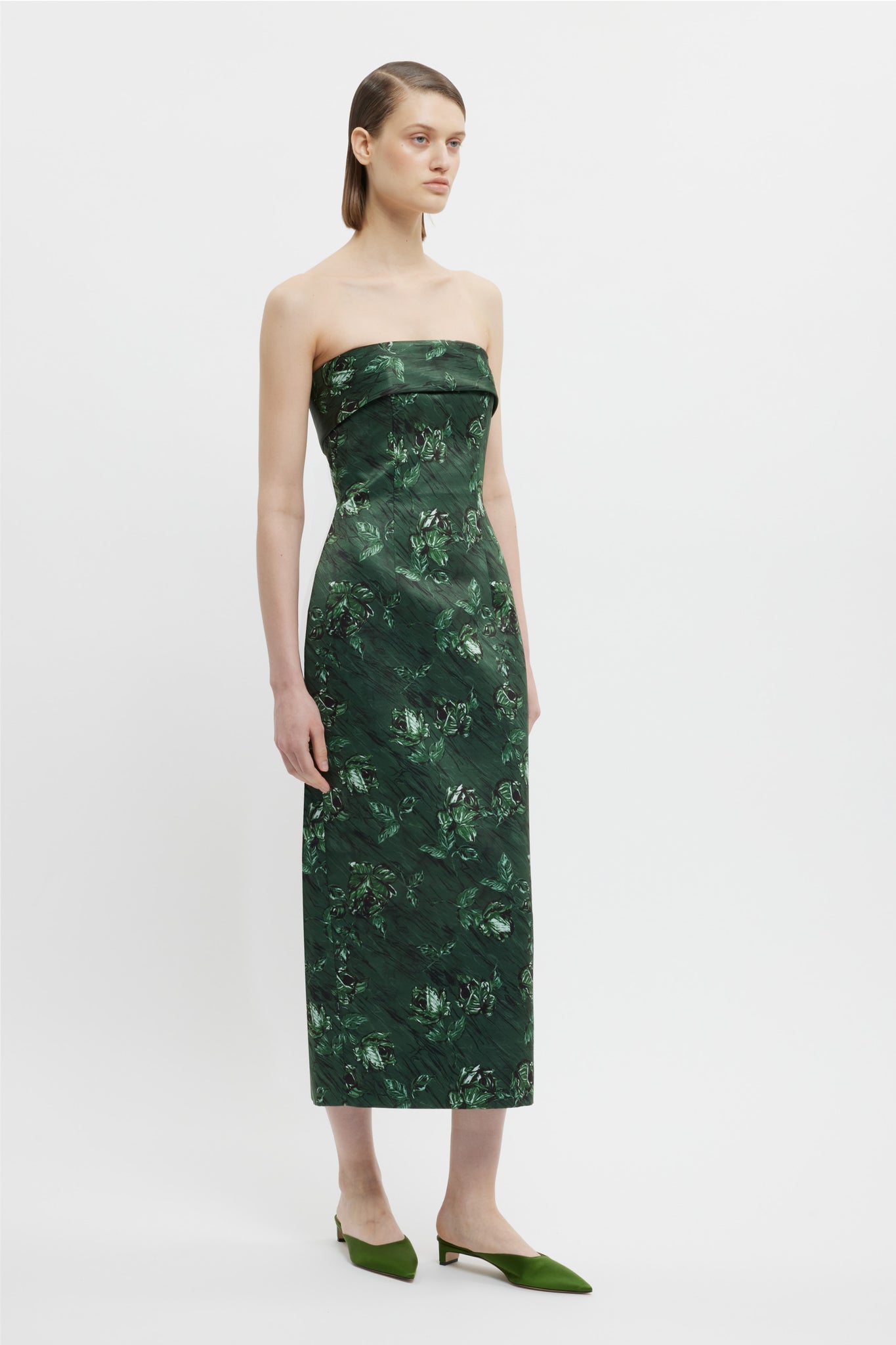 Keeley Strapless Dress In Green Roses On Marble Print Taffeta Faille - Emilia Wickstead