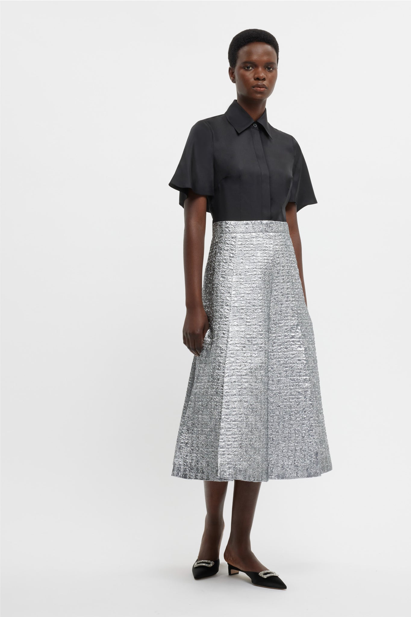 Kensie Skirt In Silver Metallic Seersucker | Emilia Wickstead