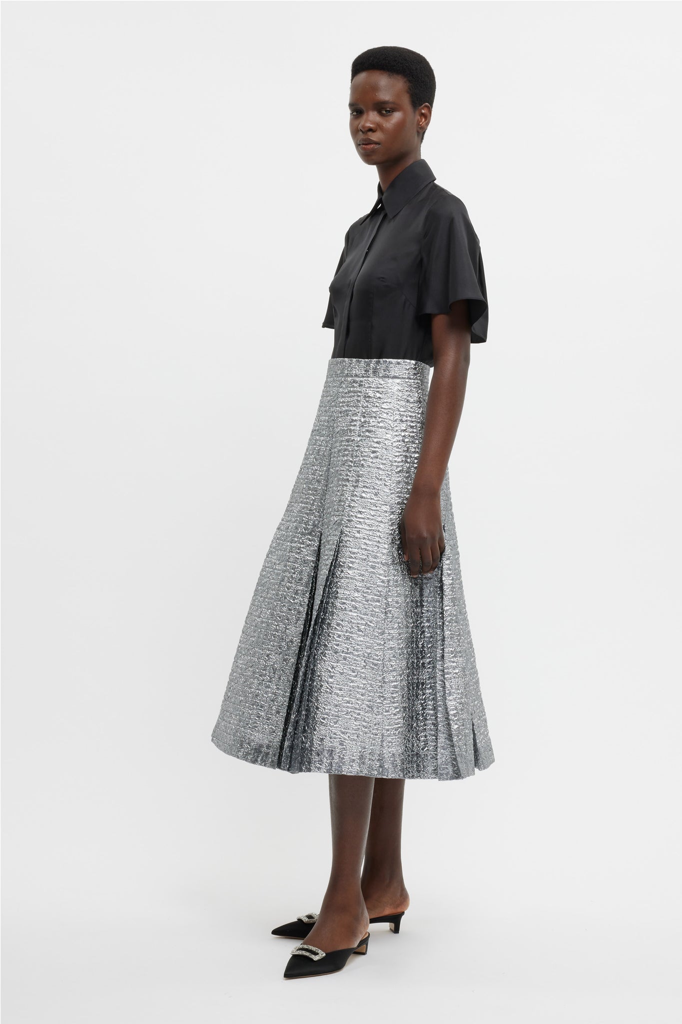 Kensie Skirt In Silver Metallic Seersucker | Emilia Wickstead