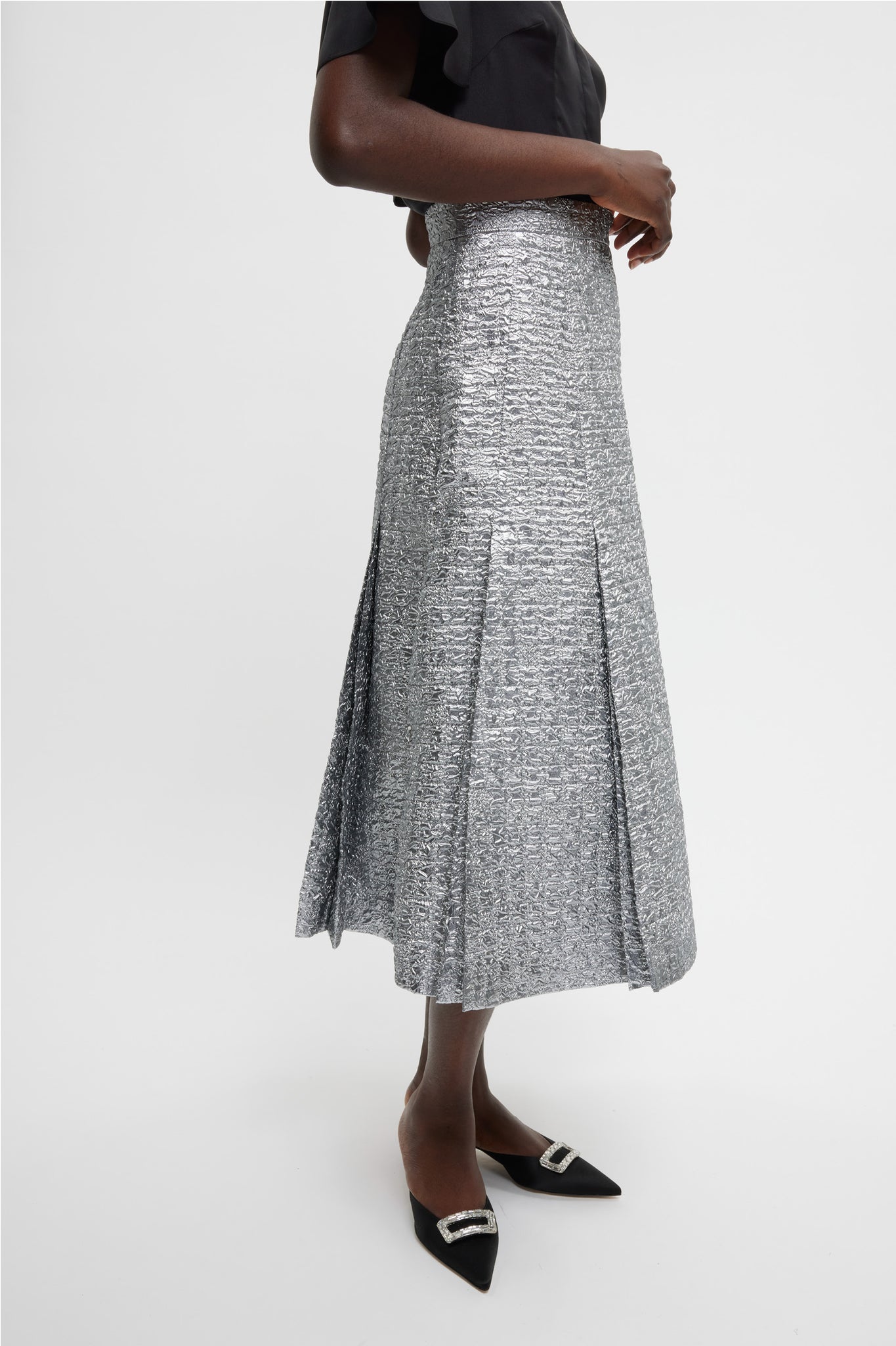 Kensie Skirt In Silver Metallic Seersucker | Emilia Wickstead