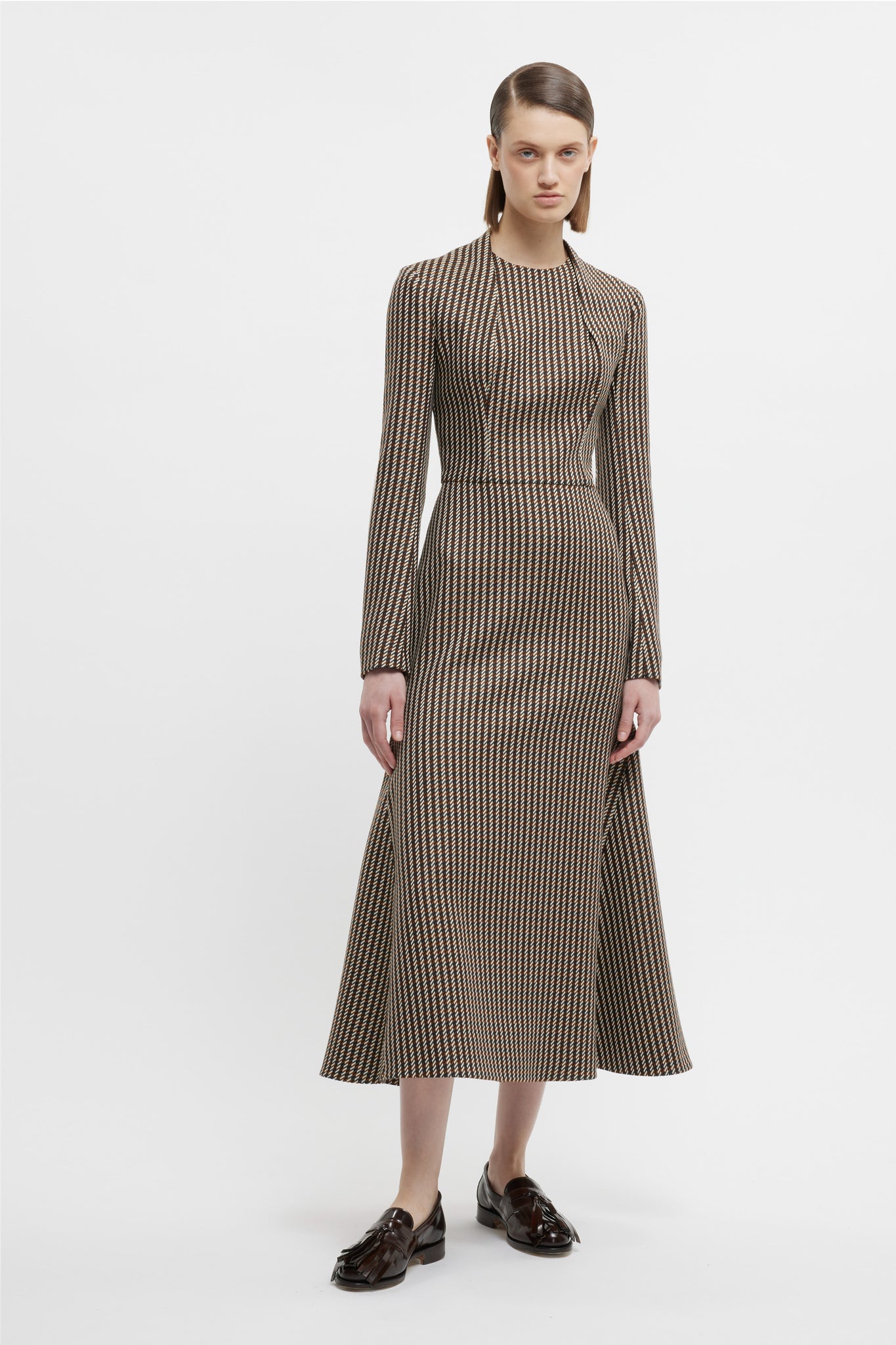 Seneca Dress In Tan & Ivory Merino Shetland | Emilia Wickstead