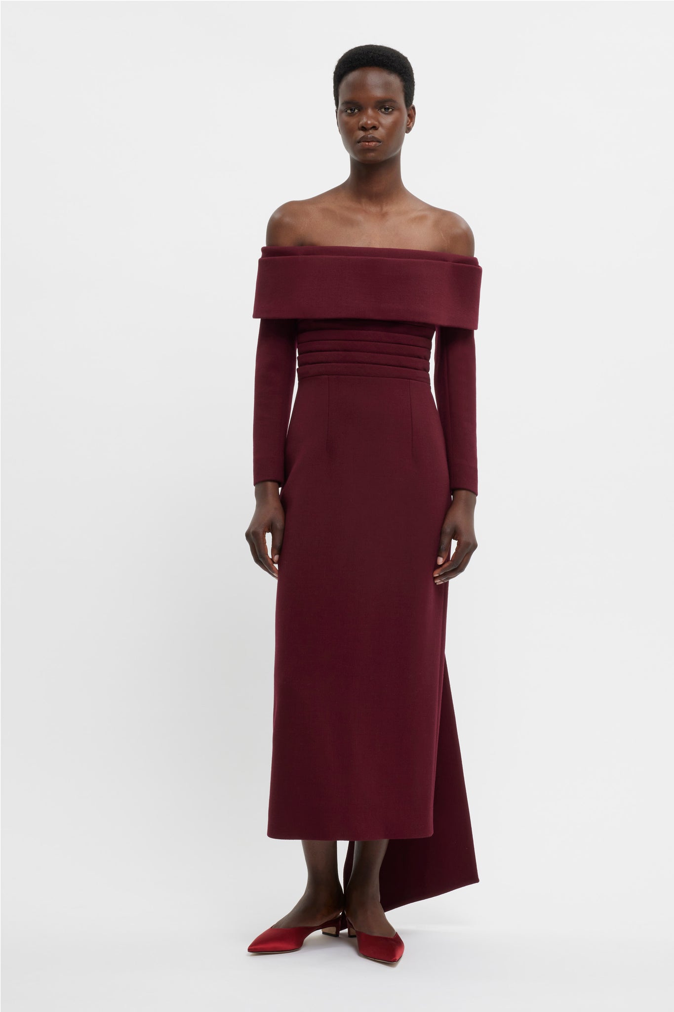 Derika off the shoulder Dress In Burgundy Double Crepe