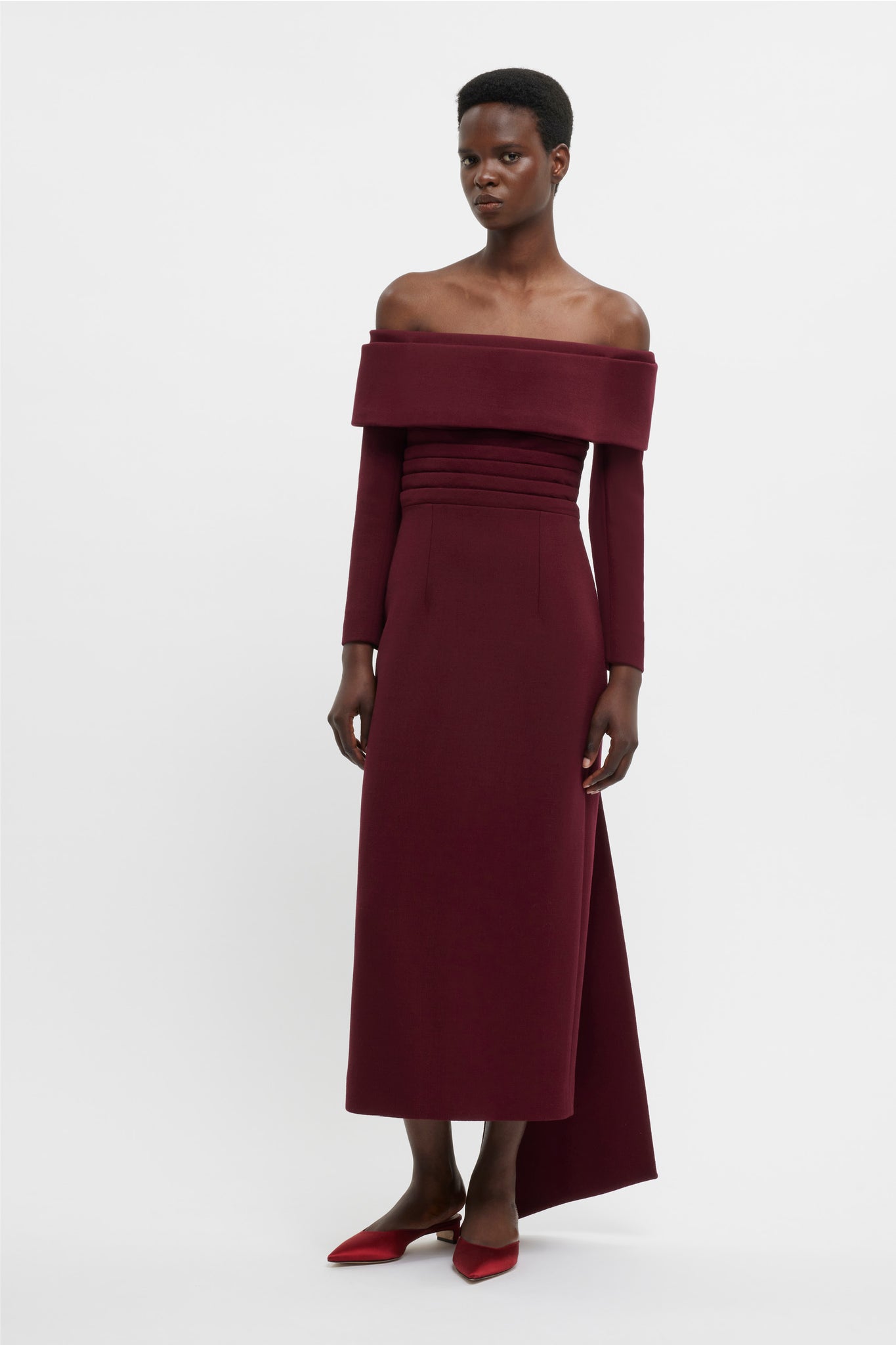 Derika off the shoulder Dress In Burgundy Double Crepe