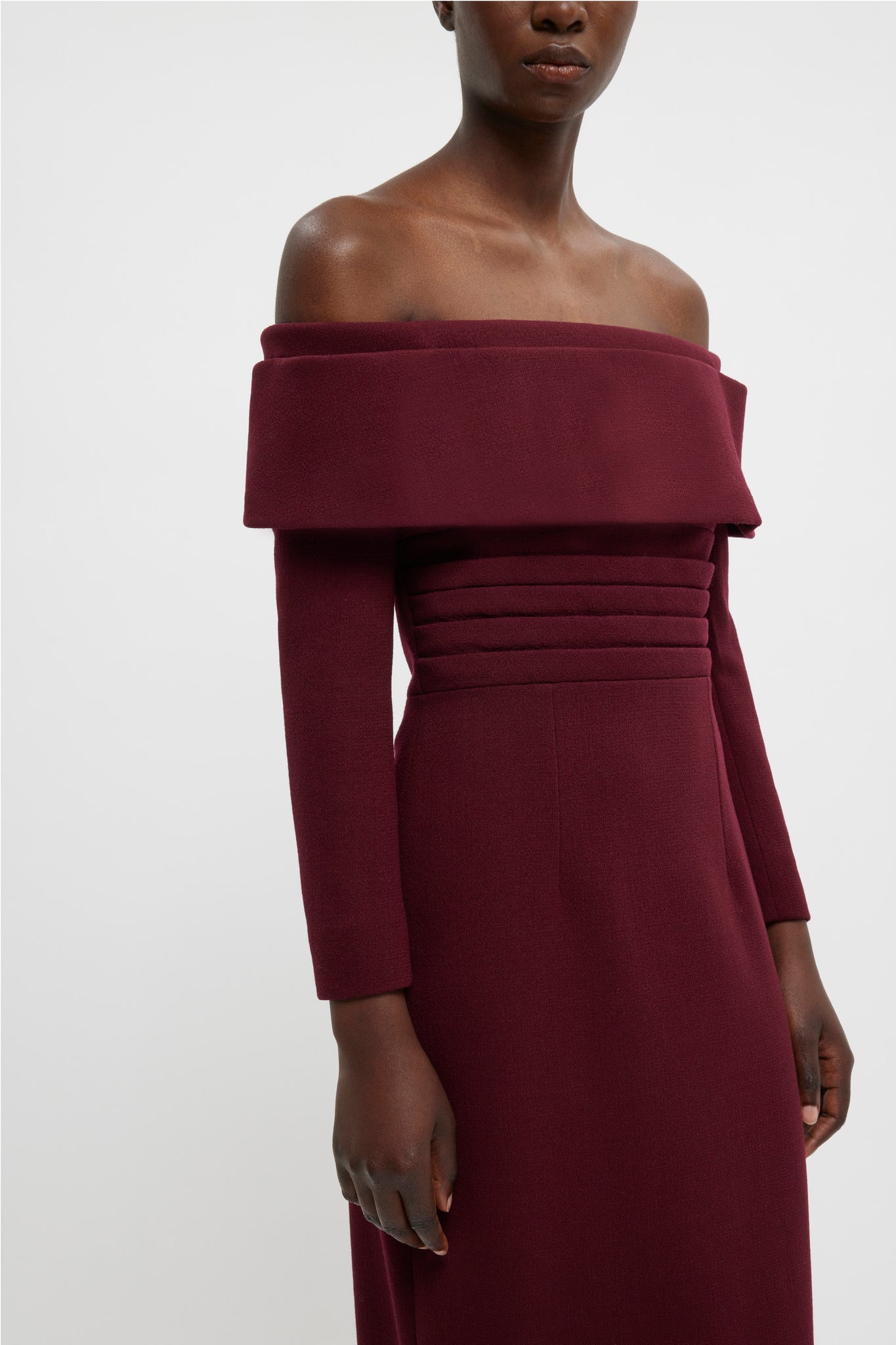 Derika off the shoulder Dress In Burgundy Double Crepe