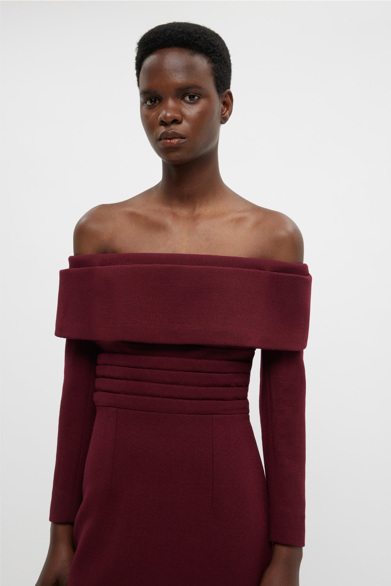 Derika off the shoulder Dress In Burgundy Double Crepe