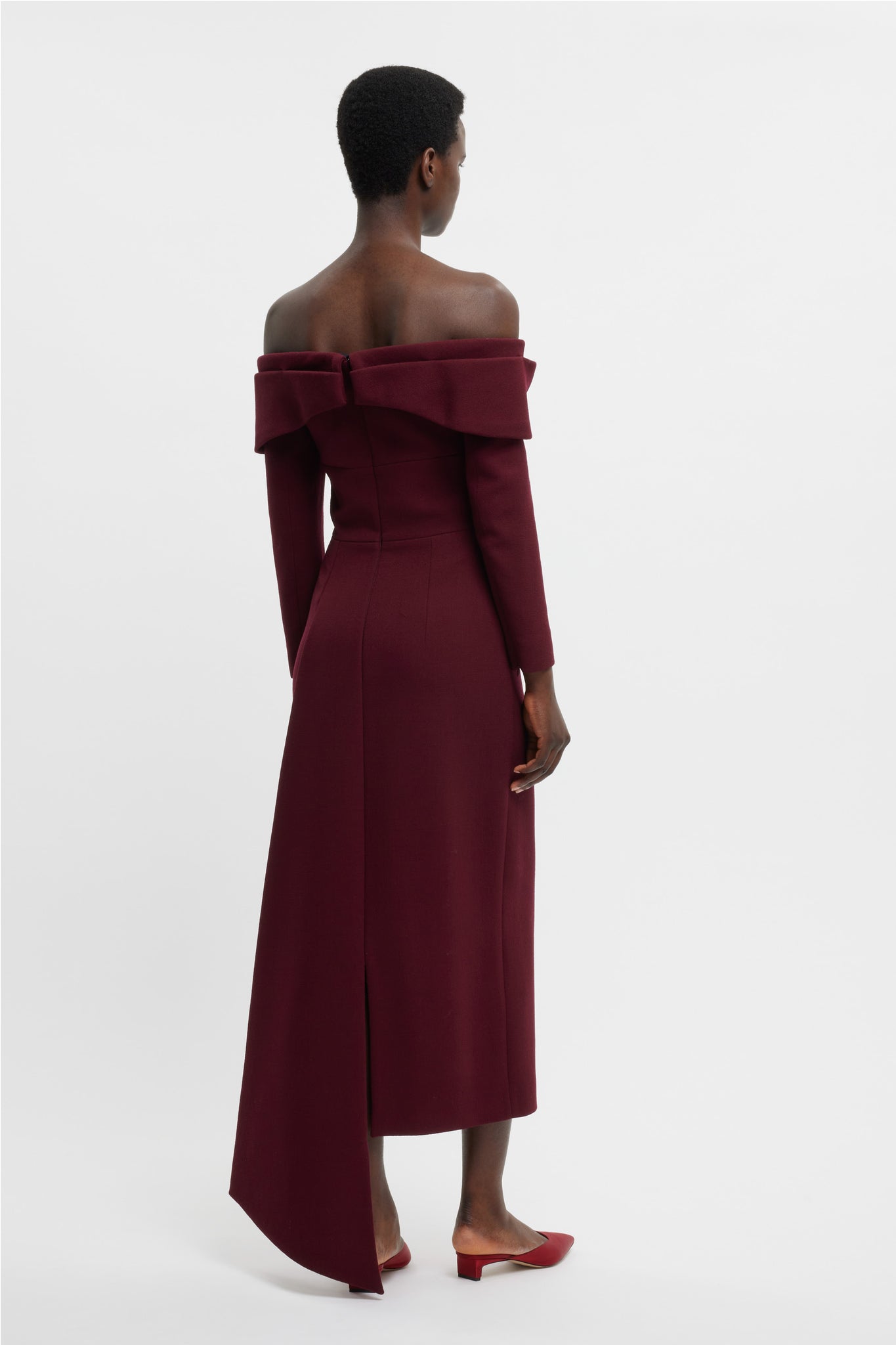 Derika off the shoulder Dress In Burgundy Double Crepe