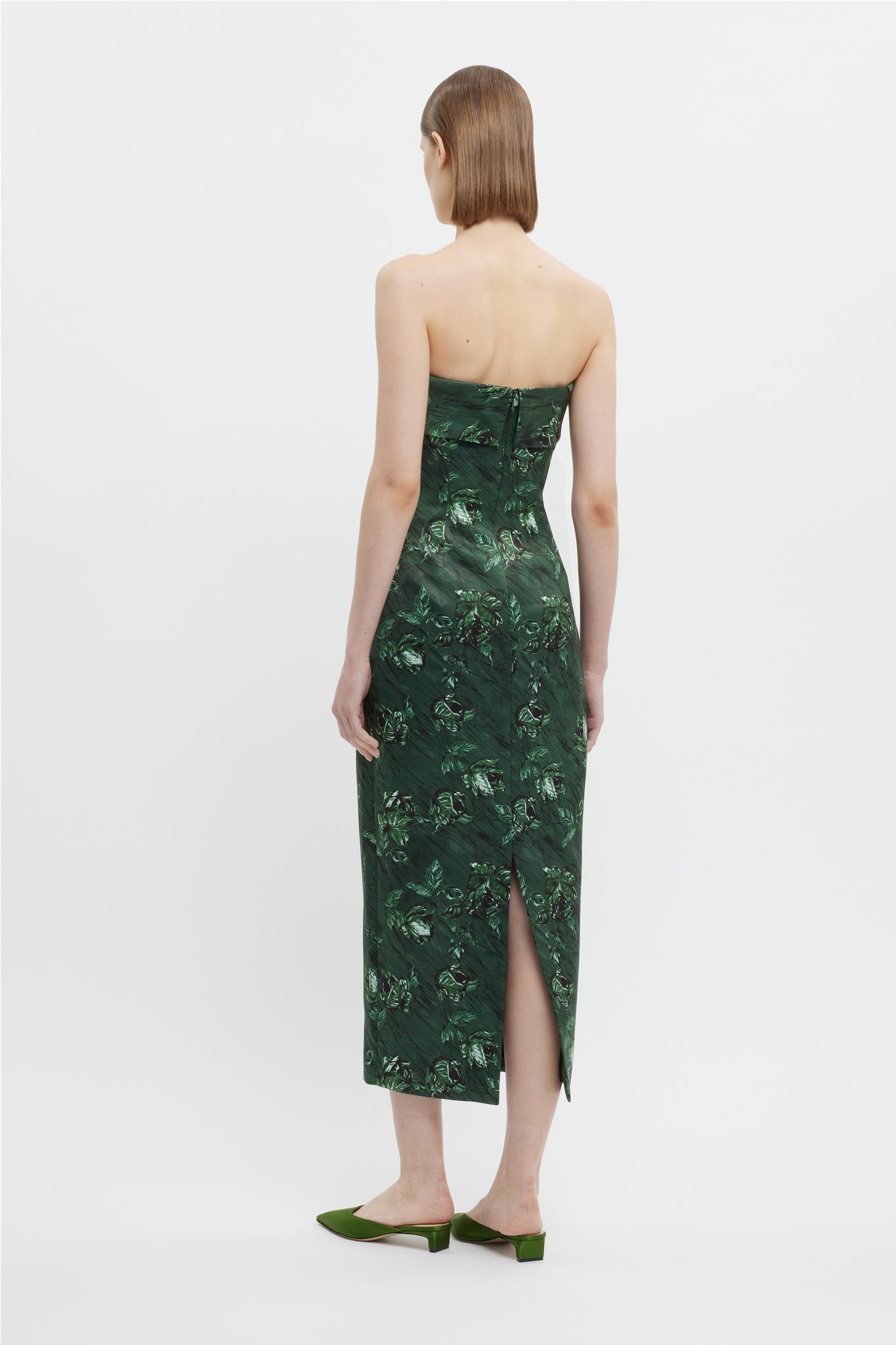 Keeley Strapless Dress In Green Roses On Marble Print Taffeta Faille - Emilia Wickstead