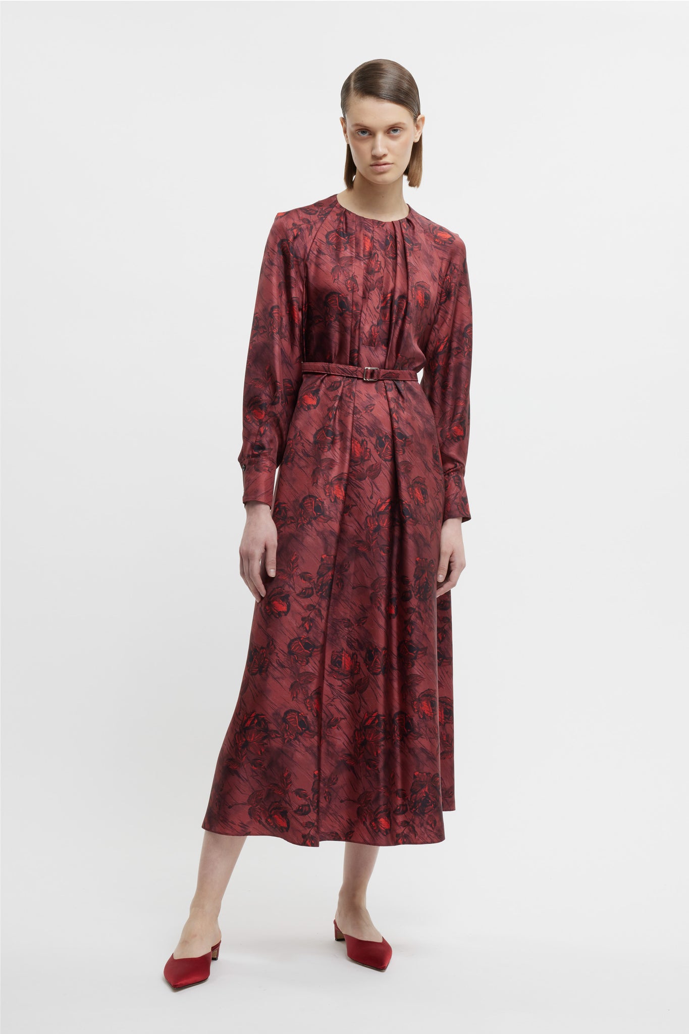 Bahiti Dress In Red Rose On Marble Print Silk Twill | Emilia Wickstead