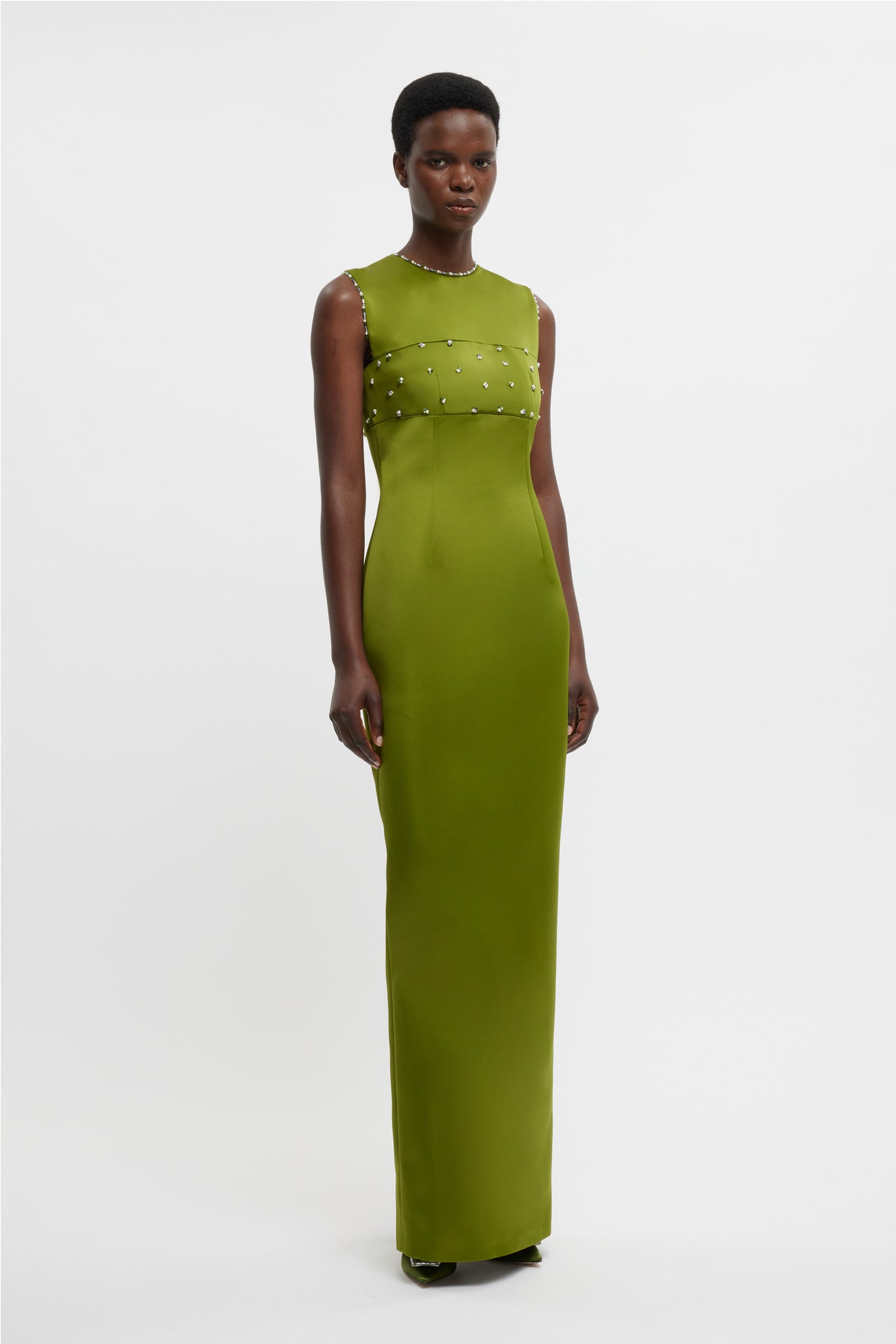 Amadine Embellished Dress In Olive Green Doppio Satin - Emilia Wickstead