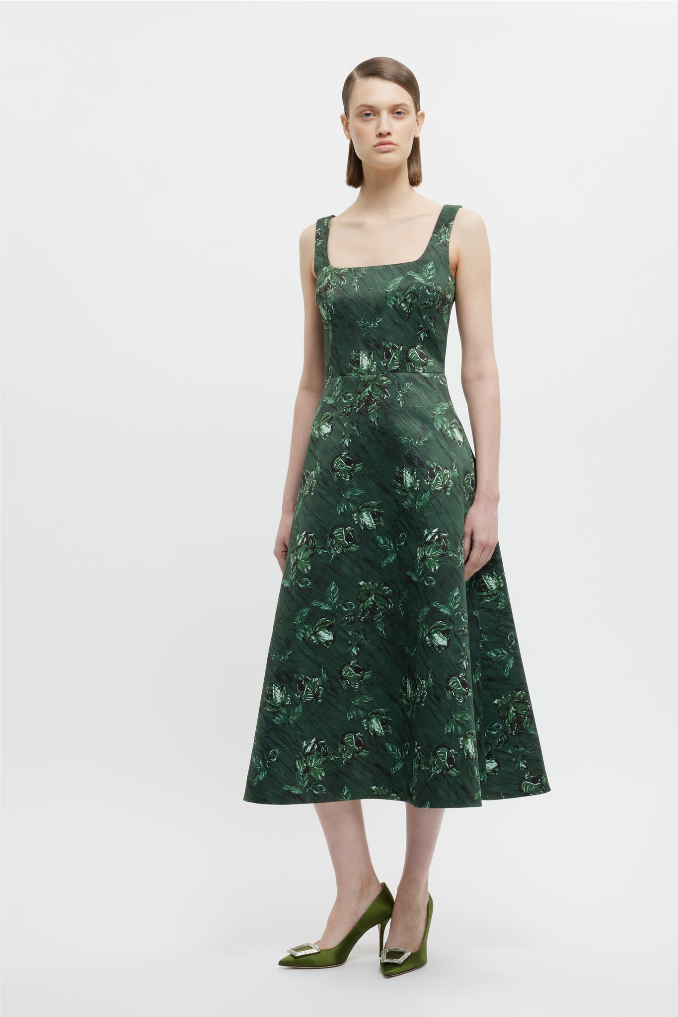 Shiloh Dress In Green Roses On Marble Print Taffeta Faille - Emilia Wickstead