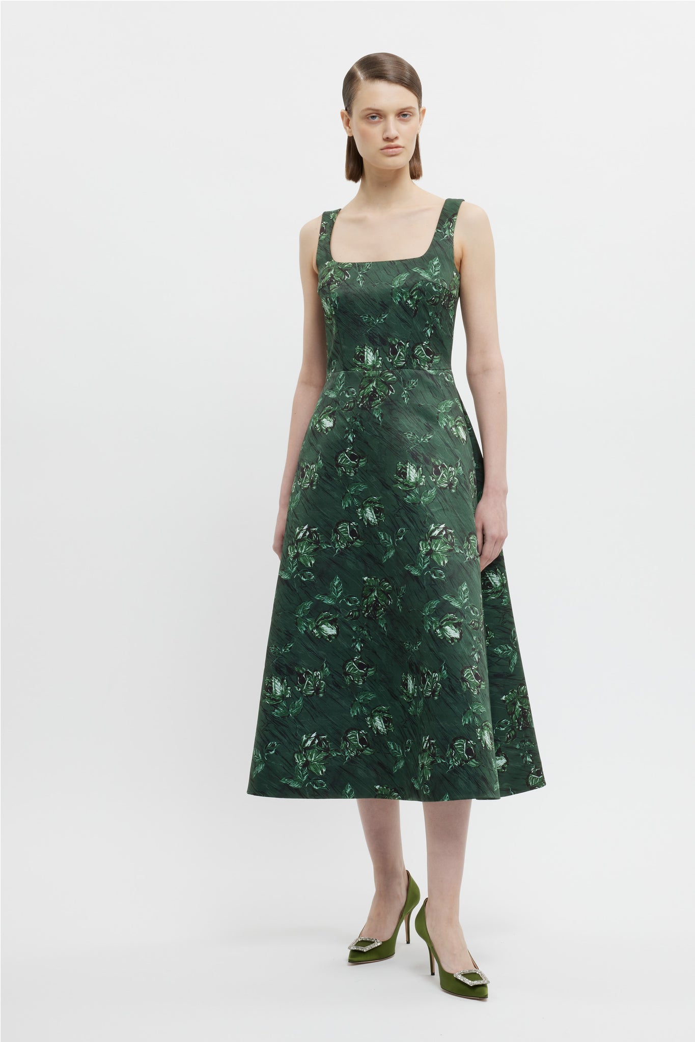Shiloh Dress In Green Roses On Marble Print Taffeta Faille | Emilia Wickstead Shiloh Dress In Green Roses On Marble Print Taffeta Faille | Emilia Wickstead