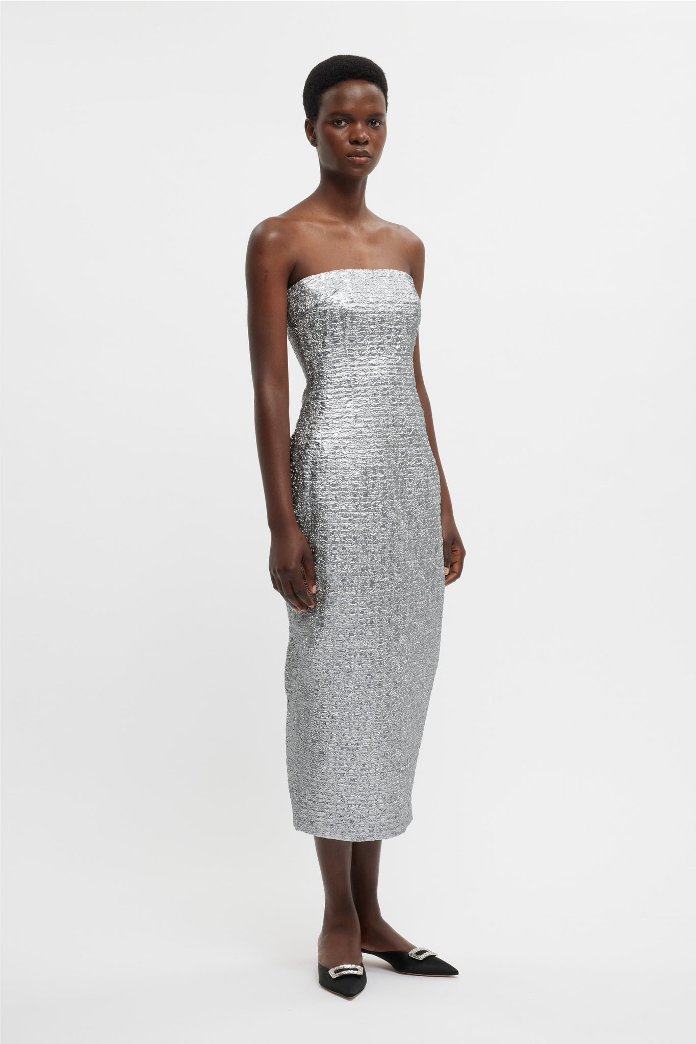 Leila Dress In Silver Metallic Seersucker | Emilia Wickstead