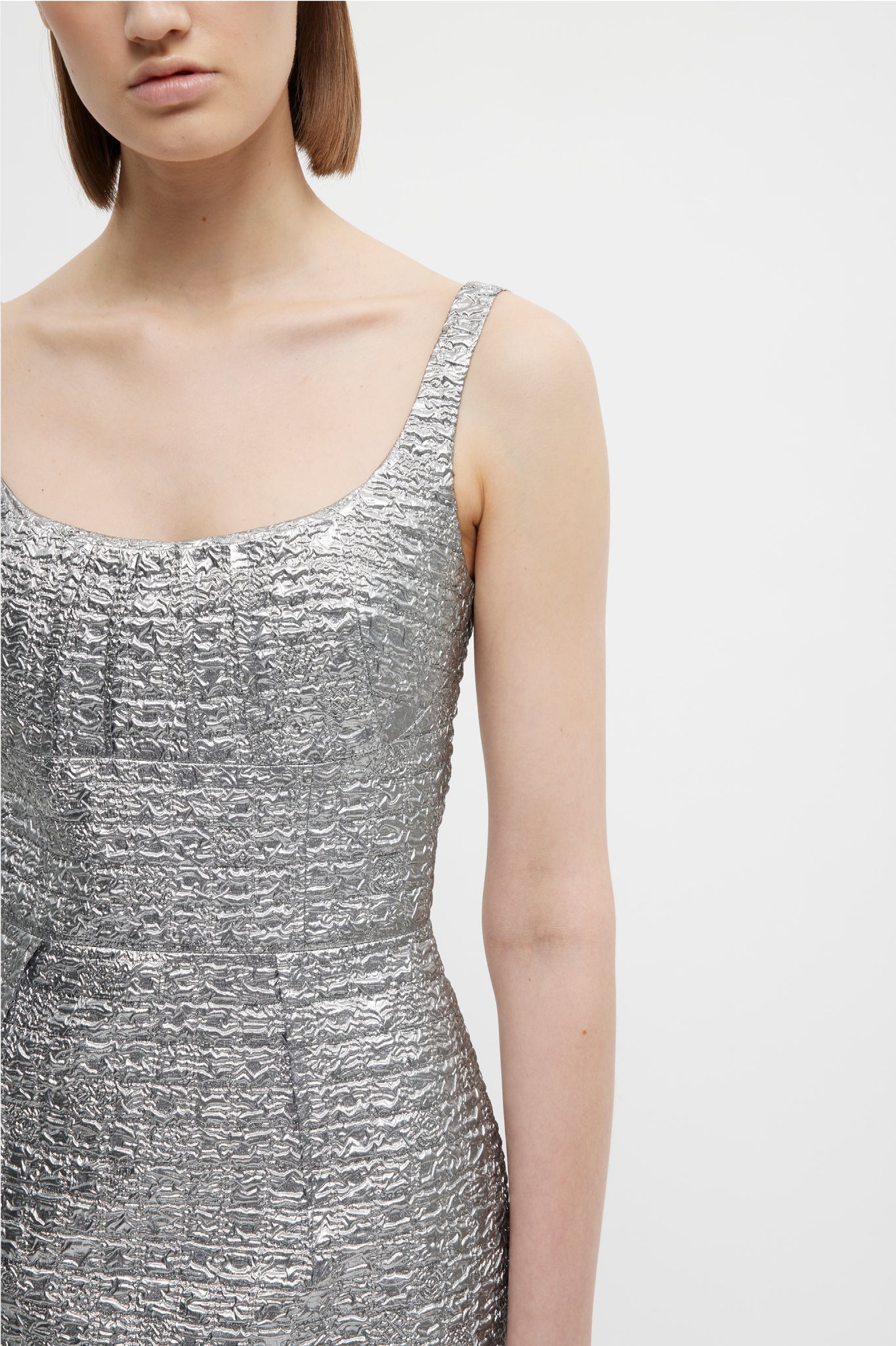 Sharon Dress In Silver Metallic Seersucker