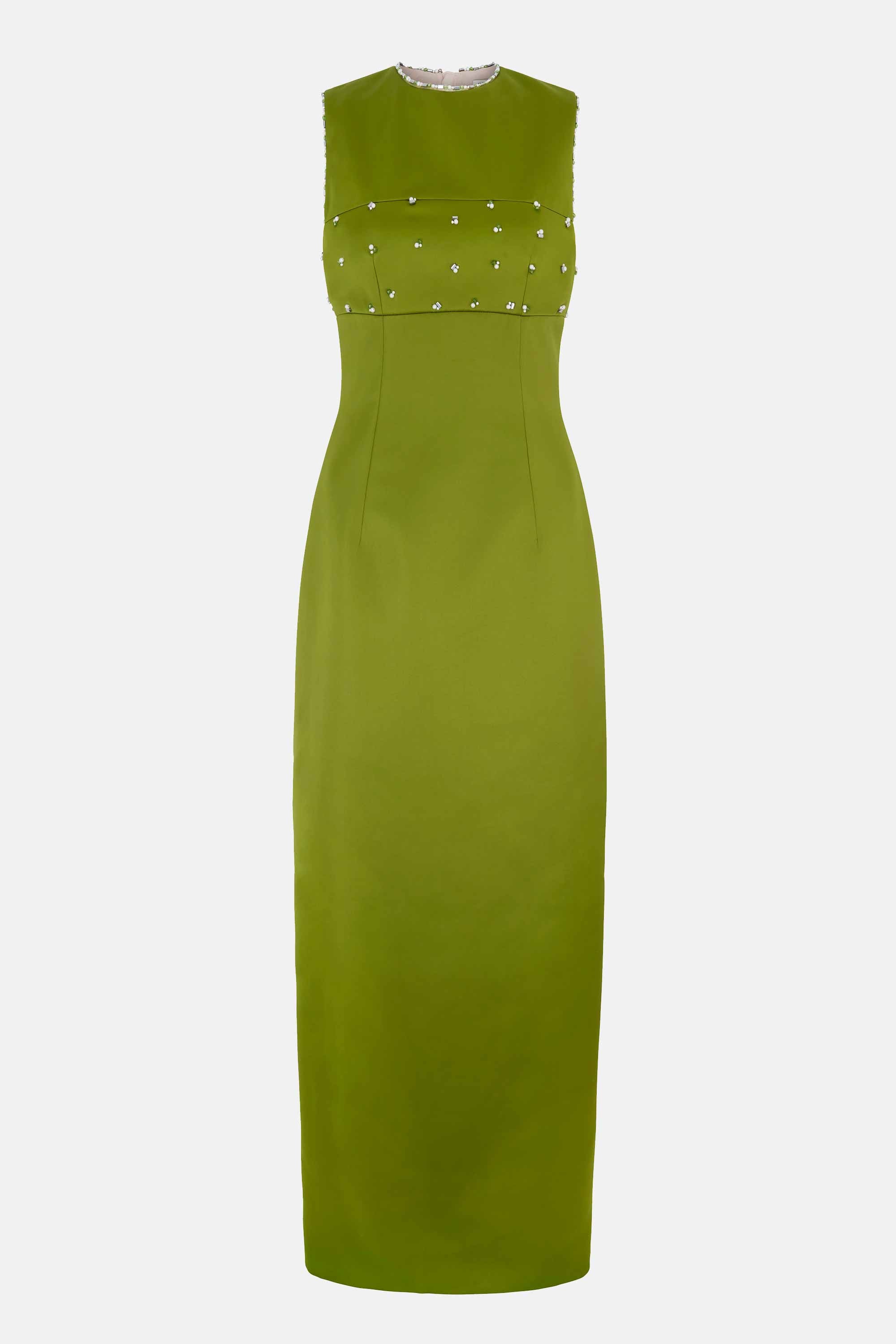 Amadine Embellished Dress In Olive Green Doppio Satin