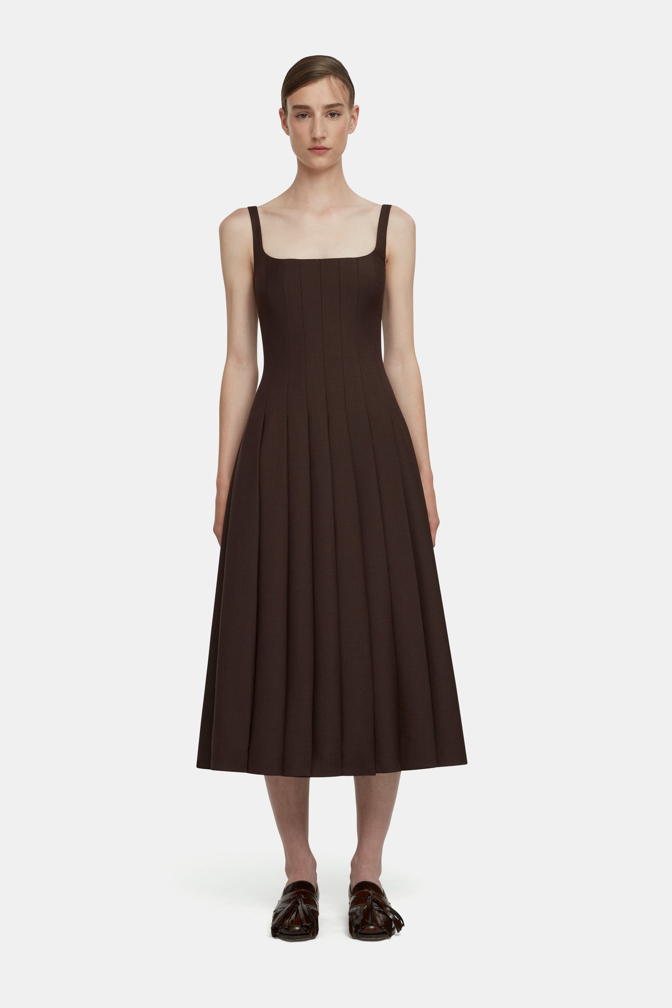 Emilia Wickstead Adele Dress in Chocolate Brown Superfine Merino Wool