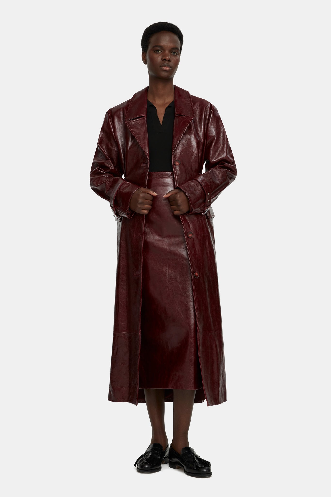 Brady Trench Coat in Oxblood Leather |  Emilia Wickstead