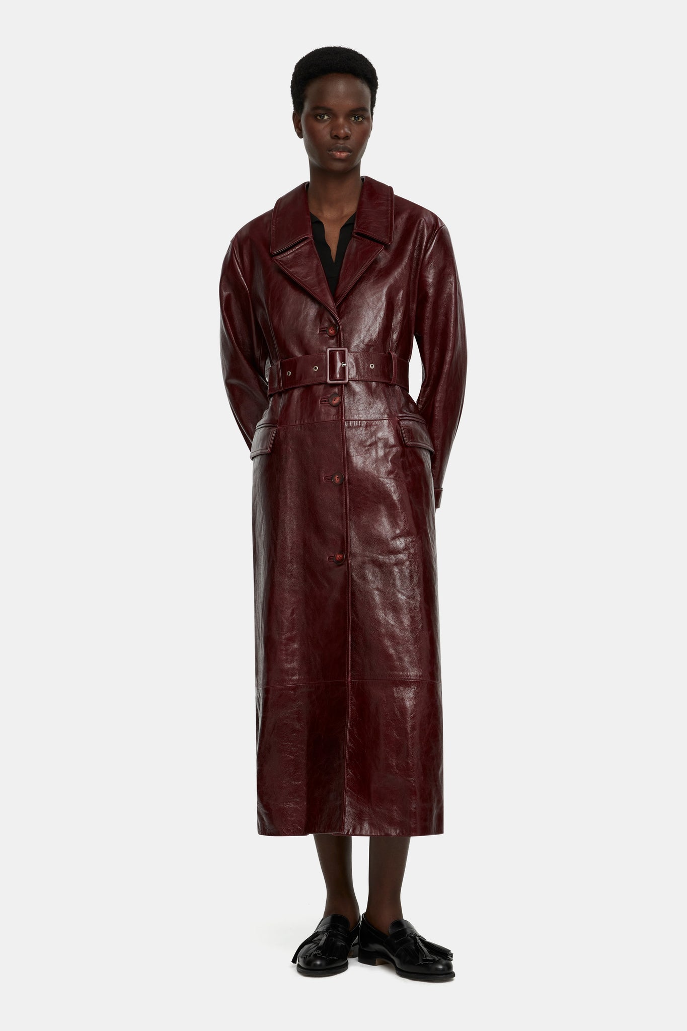 Brady Trench Coat in Oxblood Leather |  Emilia Wickstead