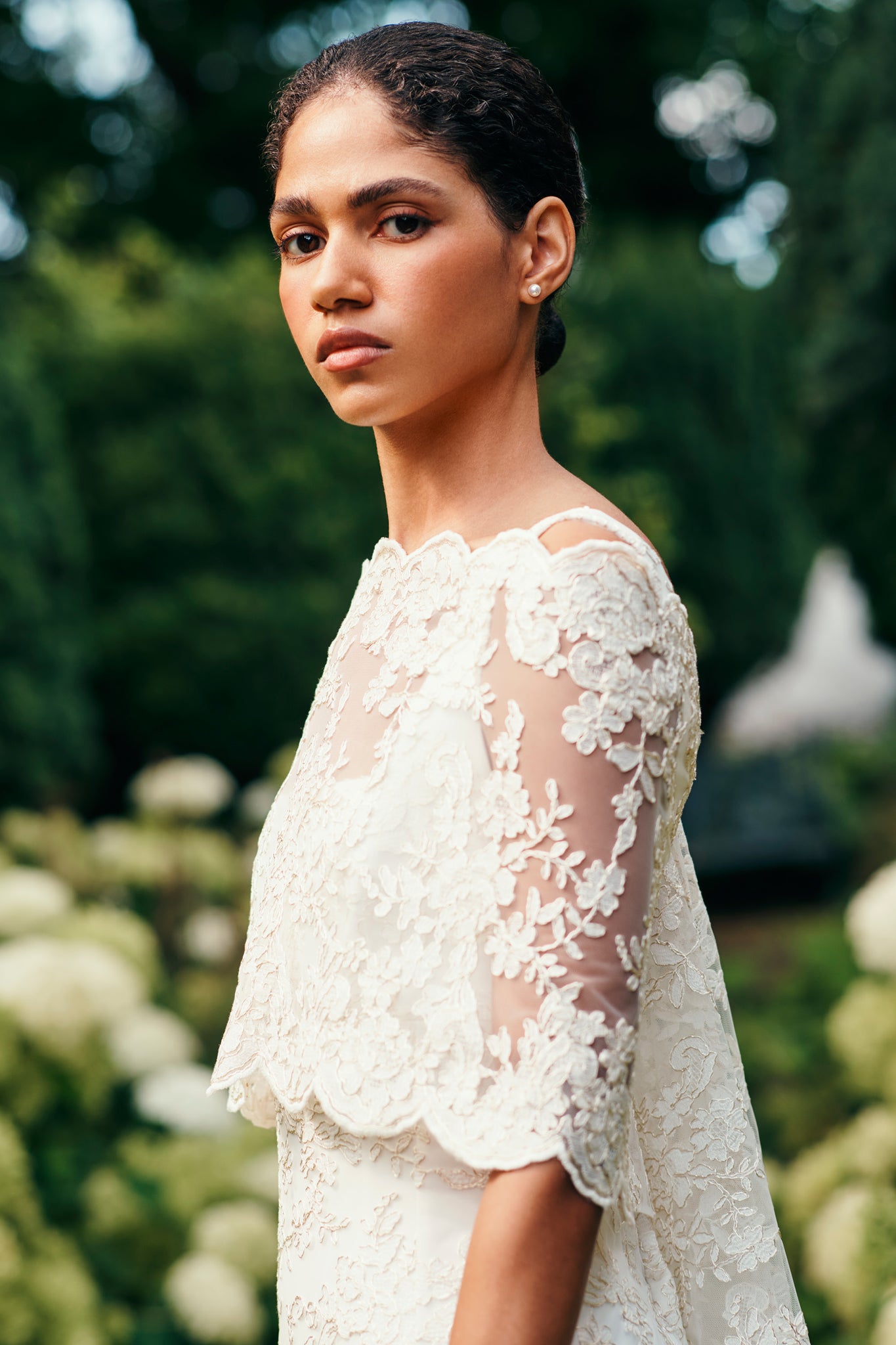 Viva Bridal Dress in Rose Jacquard Cornelia Bridal Scarf in Ivory Embroidered Lace | Emilia Wickstead