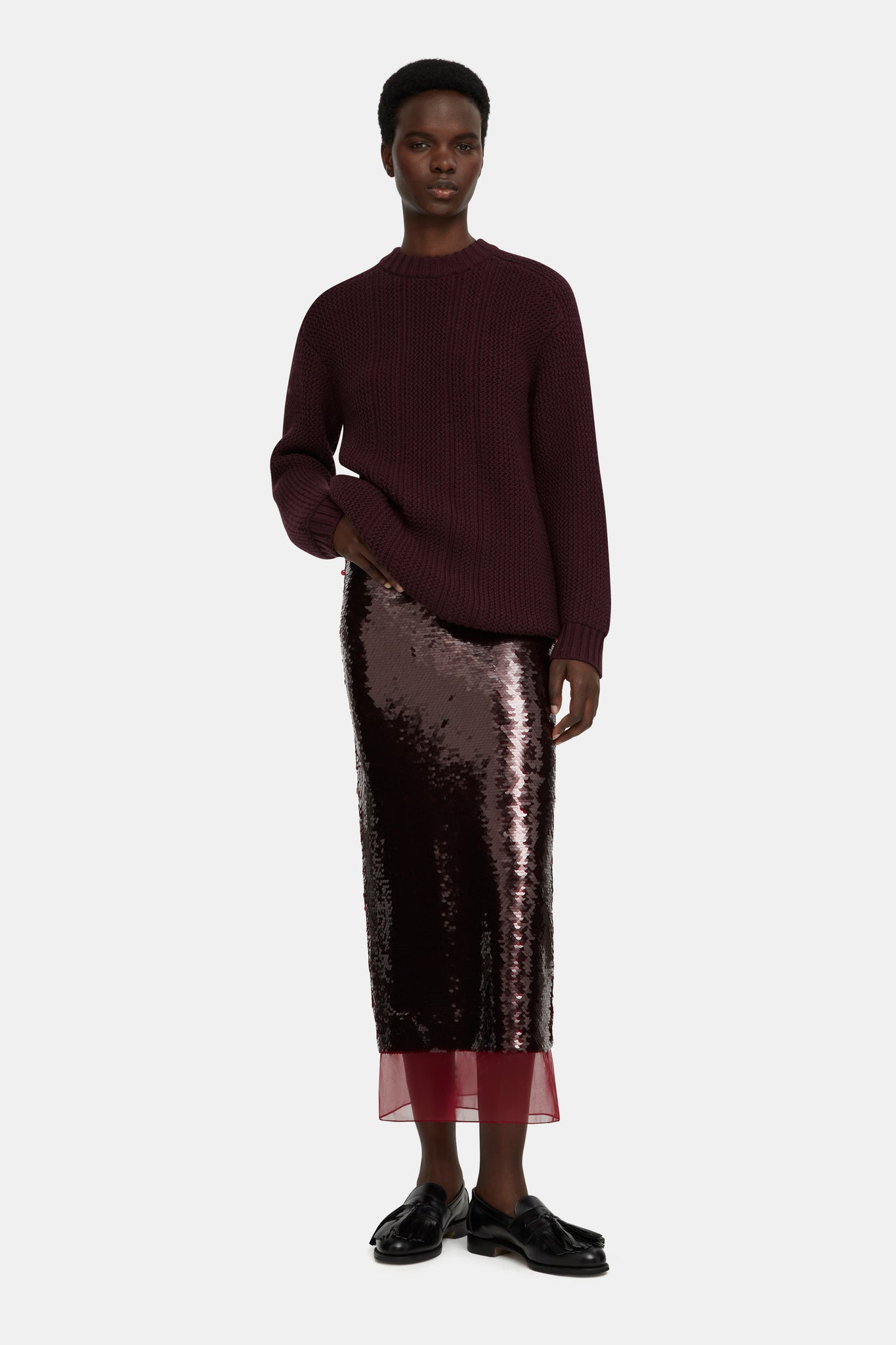 Kazu Skirt in Burgundy Jelly Sequins |  Emilia Wickstead