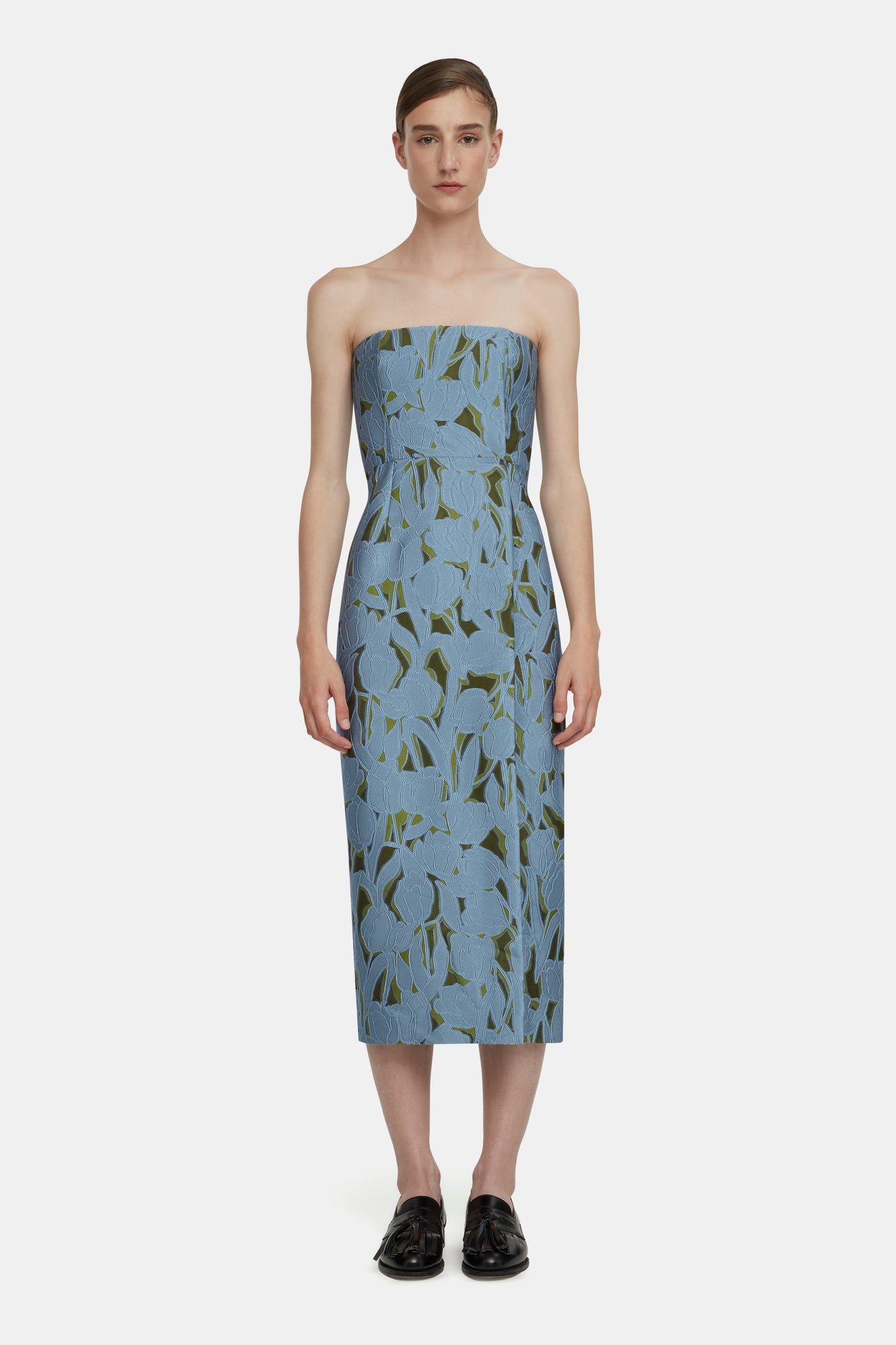 Imara Dress in Cloud Blue & Khaki Embellished Wool |  Emilia Wickstead