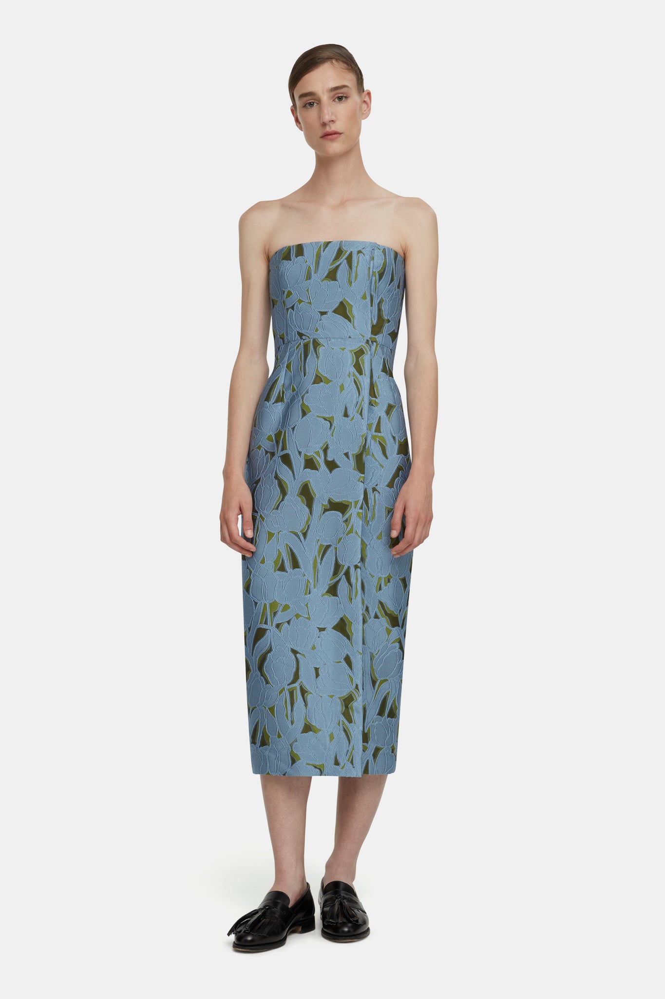 Imara Dress in Cloud Blue & Khaki Embellished Wool |  Emilia Wickstead