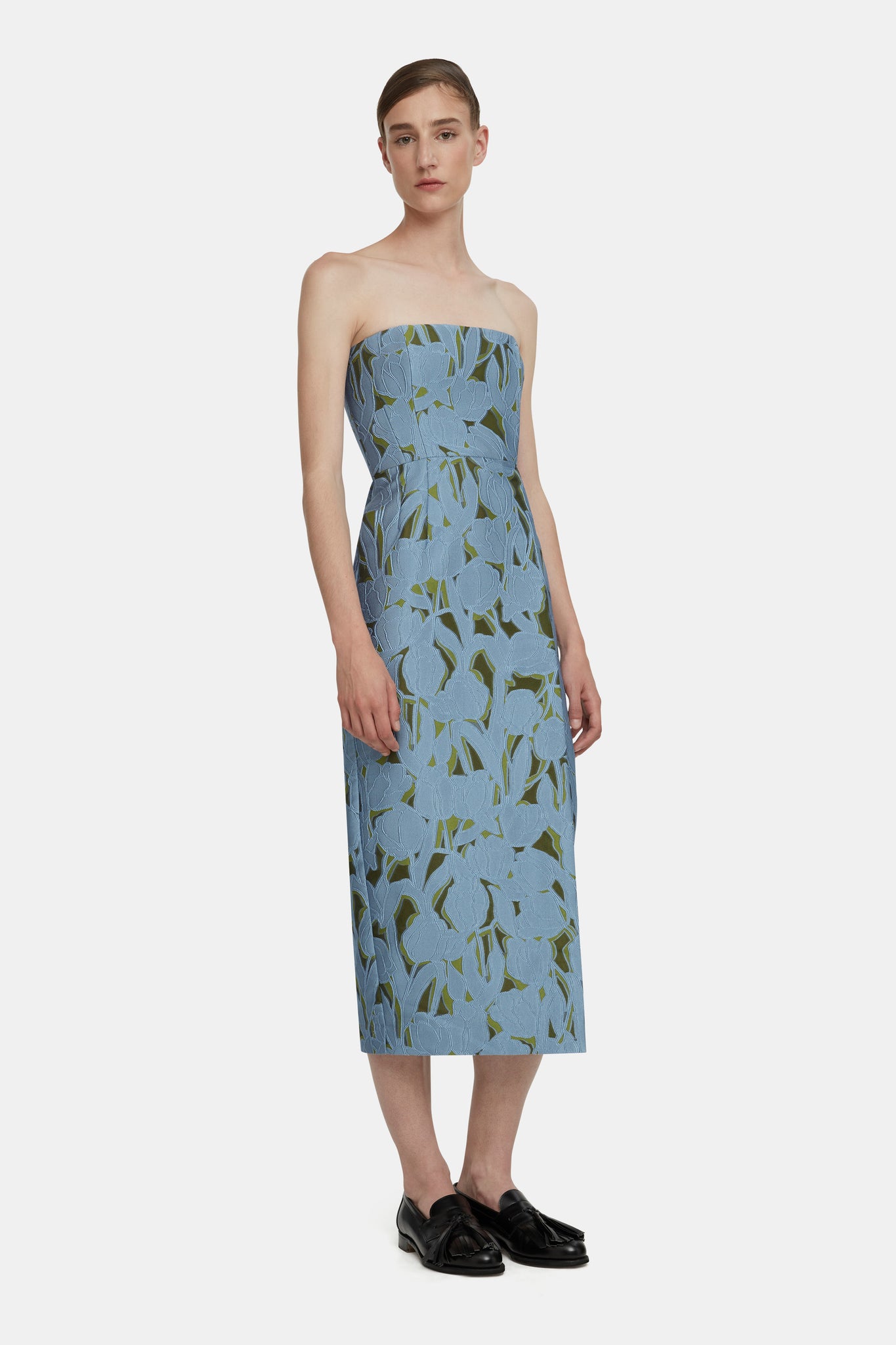 Imara Dress in Cloud Blue & Khaki Embellished Wool |  Emilia Wickstead